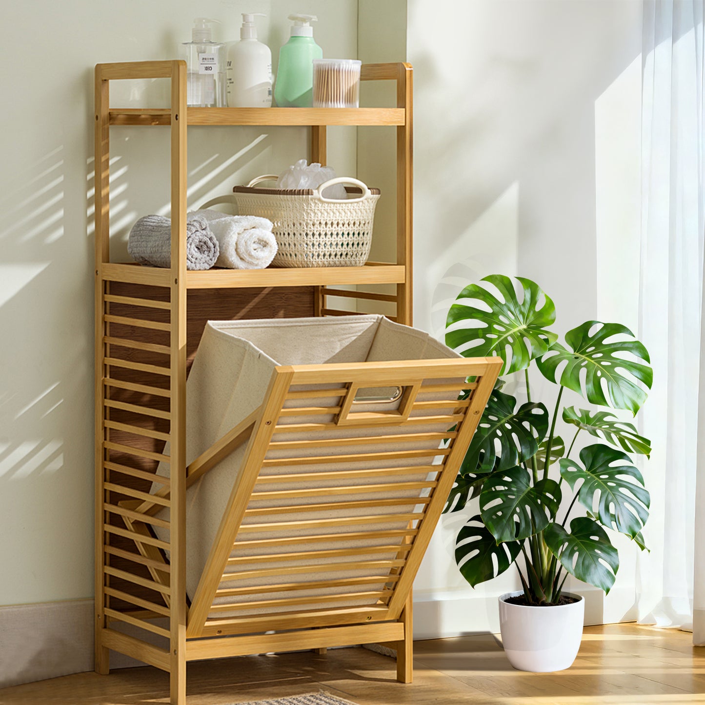Laundry Hamper with 2-Tier Shelves & Tilt Out Basket, Laundry Baskets Organizer Hampers Bathroom Storage Shelf for Laundry Room, Bathroom, Nursery, Bedroom, Guest Room, Closet (2 Tier - Large) image 7