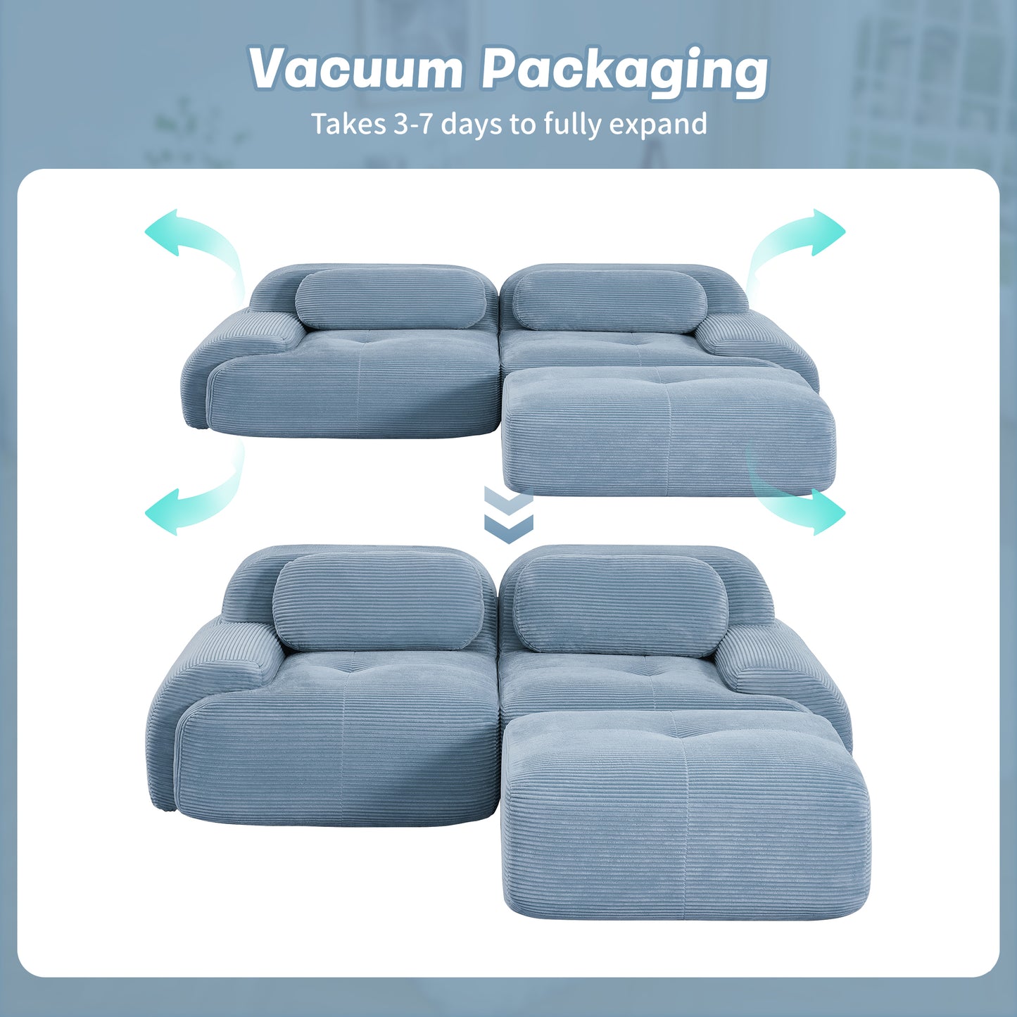 82'' L-shaped sofa in softCorduroy Fabric fabric modular design multiple combinations curved armrests no assembly required high-resilience sponge suitable for living rooms rest areas bedroom,Blue image 12