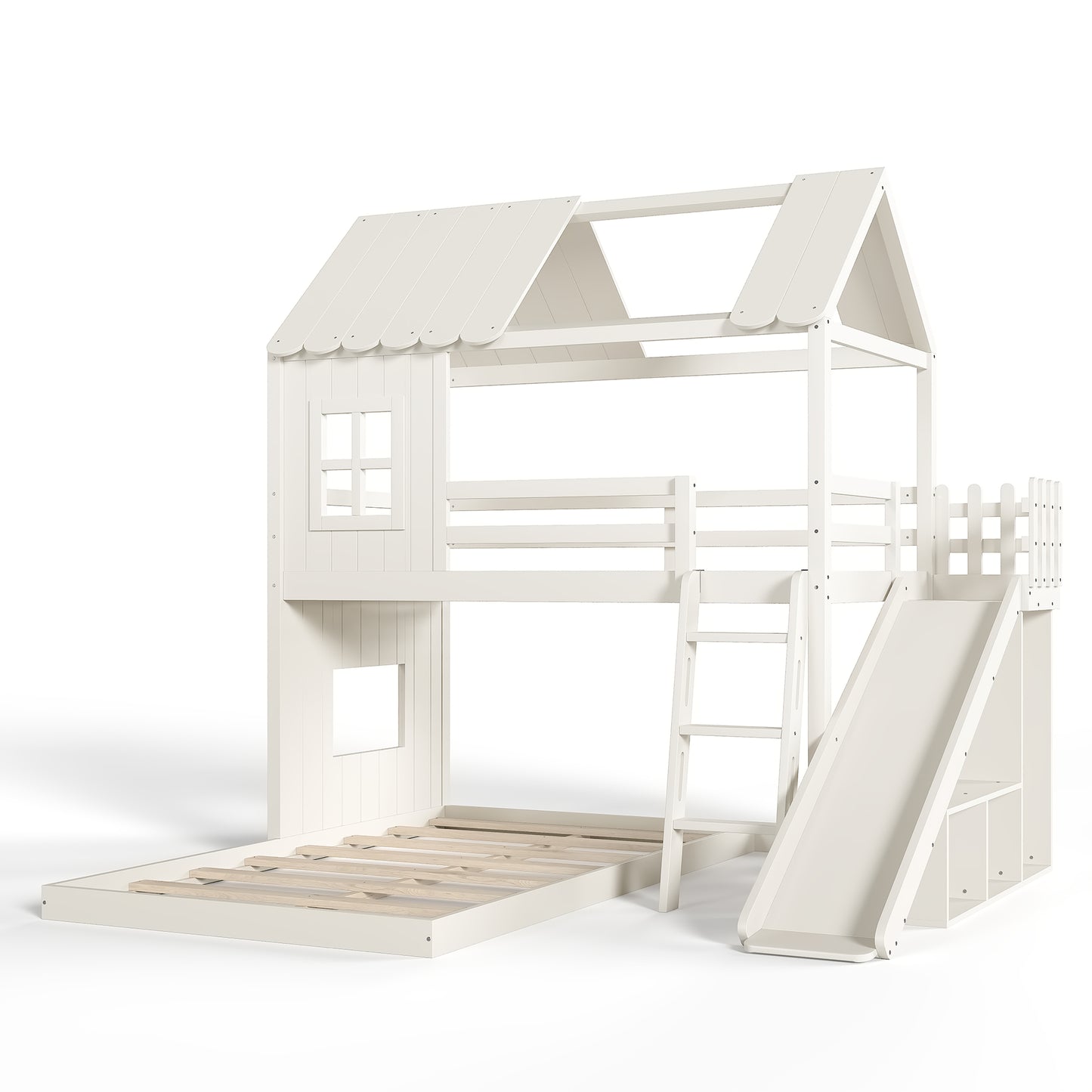 Twin over Full House Bunk Bed with Ladders and Slides, House Floor Bunk Bed with Storage Shelves and Wardrobe, Playhouse Design,Beige image 12