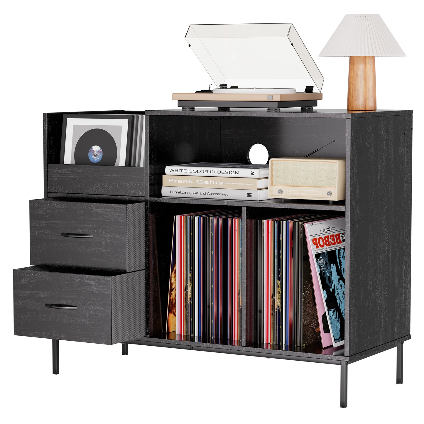 Eco-Friendly Record Player Stand with Flip-Top - Wood Vinyl Storage Cabinet with 2-Outlet Power Strip, Drawers & Dustproof Cubbies, Media Console for Living Room/Study, Black image 12