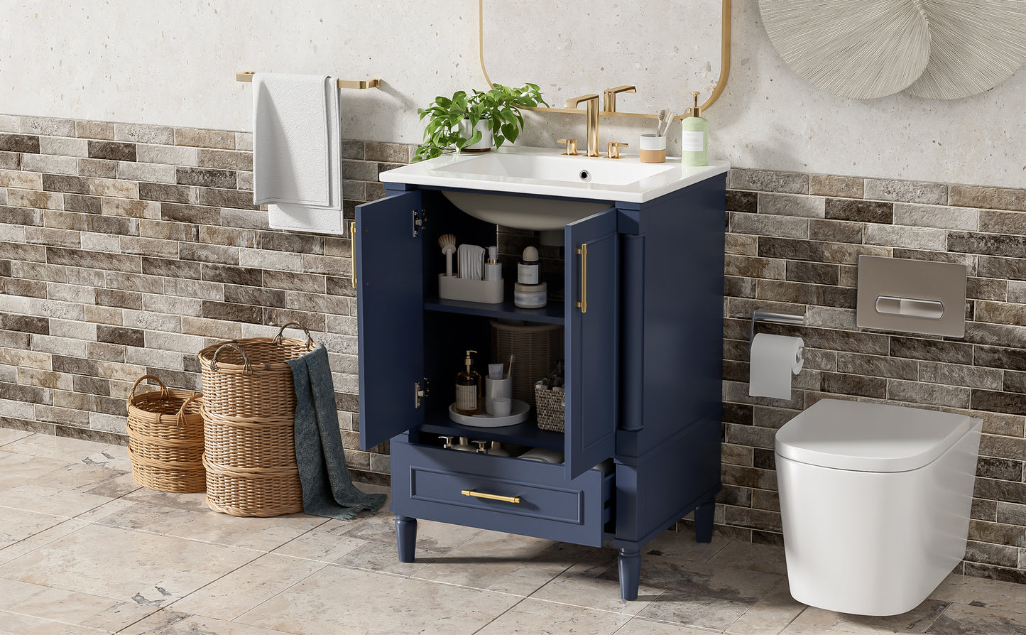 24" Modern Bathroom Vanity with Ornate Motif Design & Soft-Close Hinges, Bathroom Cabinet with Drawer and Back Open Structure, Ornately Carved French Cylinder Legs image 12