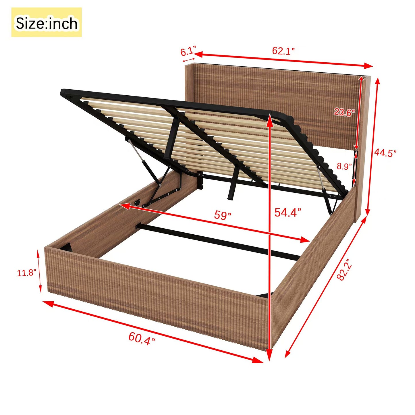 (Queen size) bed frame with a grooved and undulating lifting storage function, featuring a lifting storage feature, safe and beautiful / without noise, a wooden slat platform bed frame in a natural image 10
