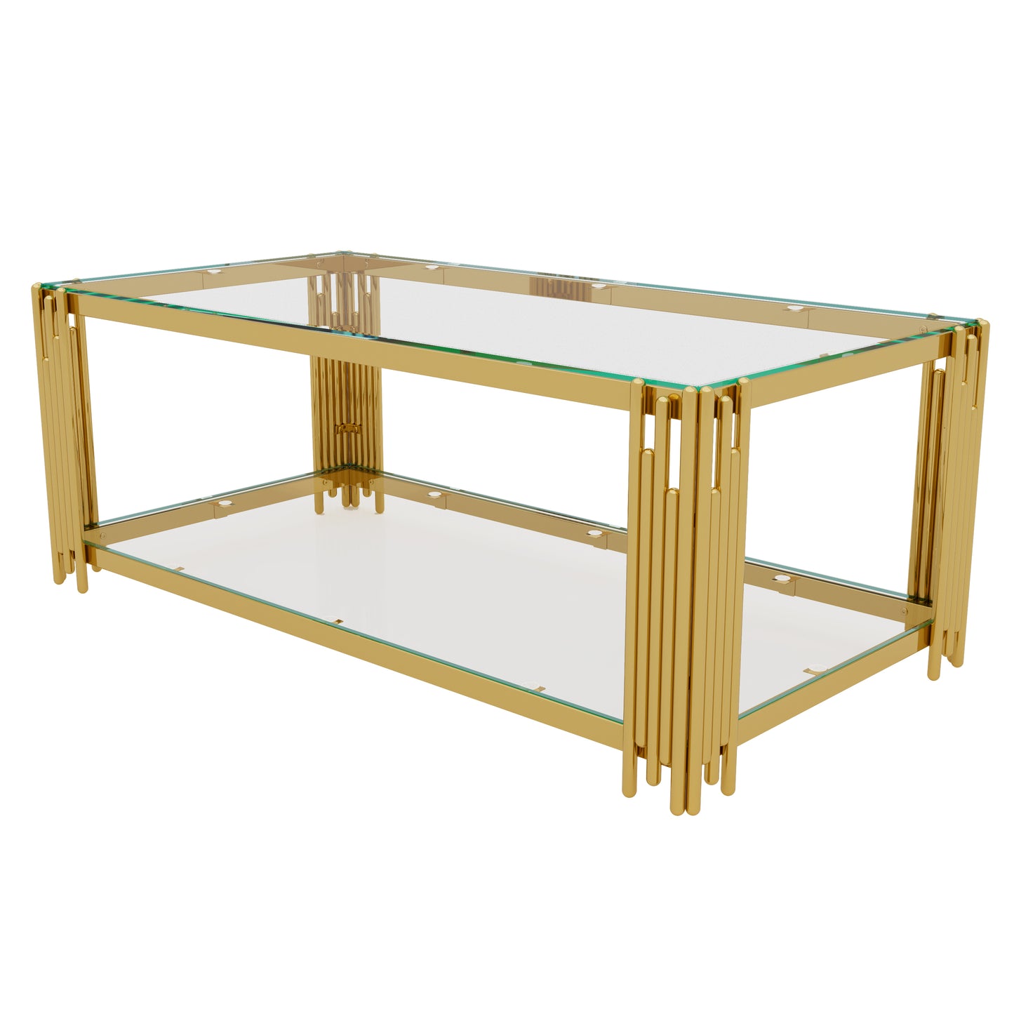 Modern Transparent Glass Coffee Table,Rectangle, Asymmetrical Metal, Gold Finish & Lower Shelf, 47.5" image 12