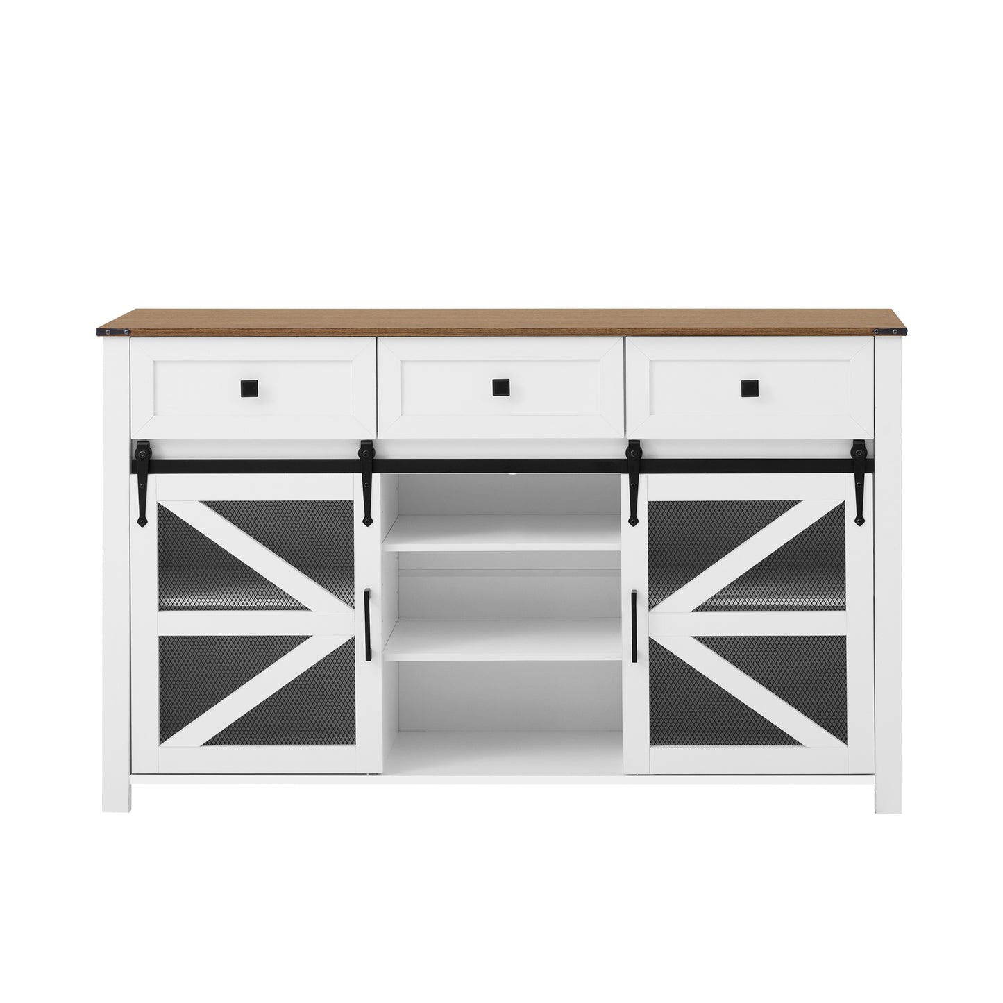U_Style 55'' Sliding Barn Door Sideboard Buffet Cabinet with 3 Drawers, Adjustable Shelves, Metal Mesh & Particleboard Doors, Aluminum Handles, Industrial Storage for Living or Dining Room image 12