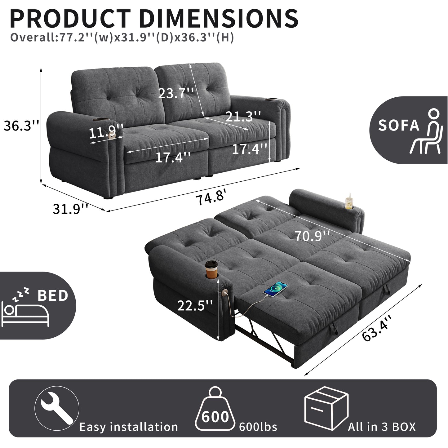 It is a multi-functional sofa, a 77-inch convertible sofa bed, and a 2-in-1 piece suitable for both sitting and lying down. Made of Chenille fabric, it is suitable for living rooms, bedrooms image 12