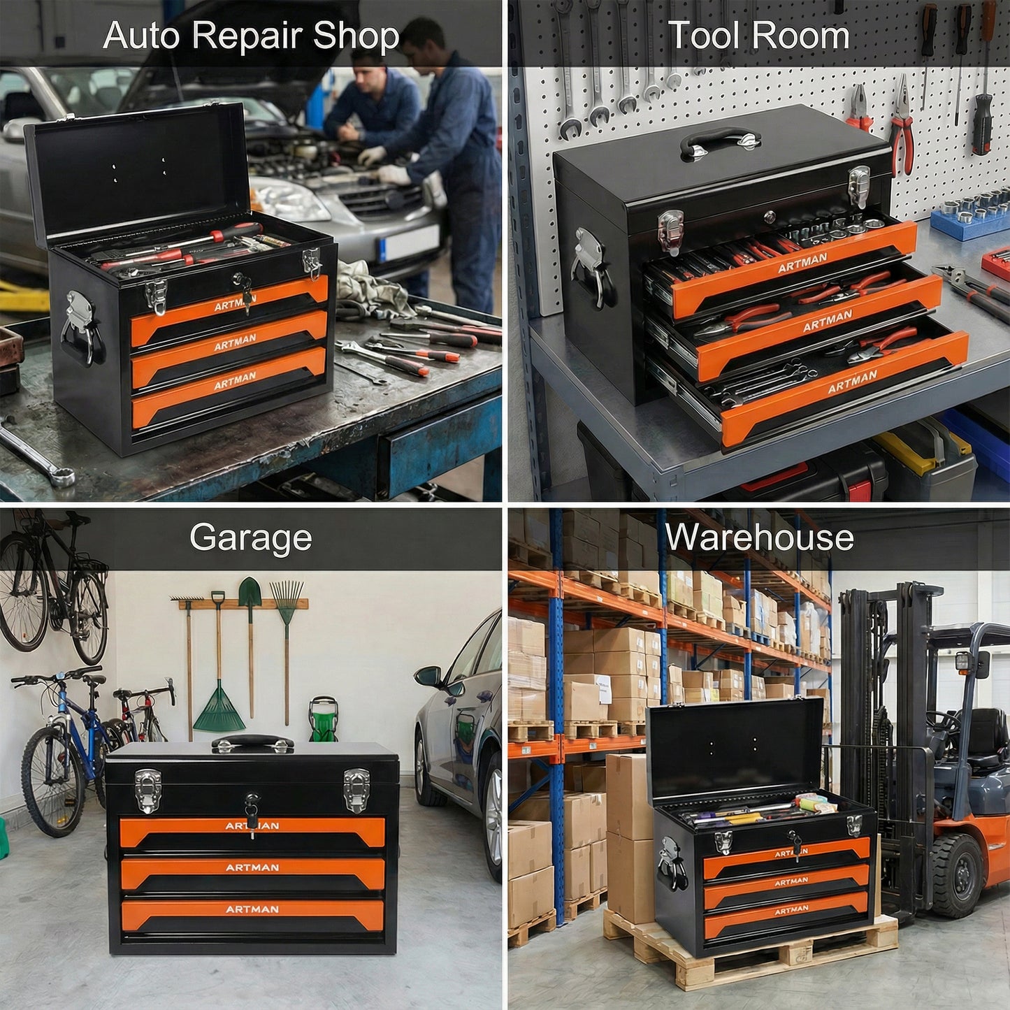 20'' Portable 3-Drawer Steel Toolbox, 4 Layers of Tools with Metal Latches, with Top Storage Tray and carrying Handle, Multi-Function Tool Storage for Garage, Home, or Workbench,Black&Orange image 11