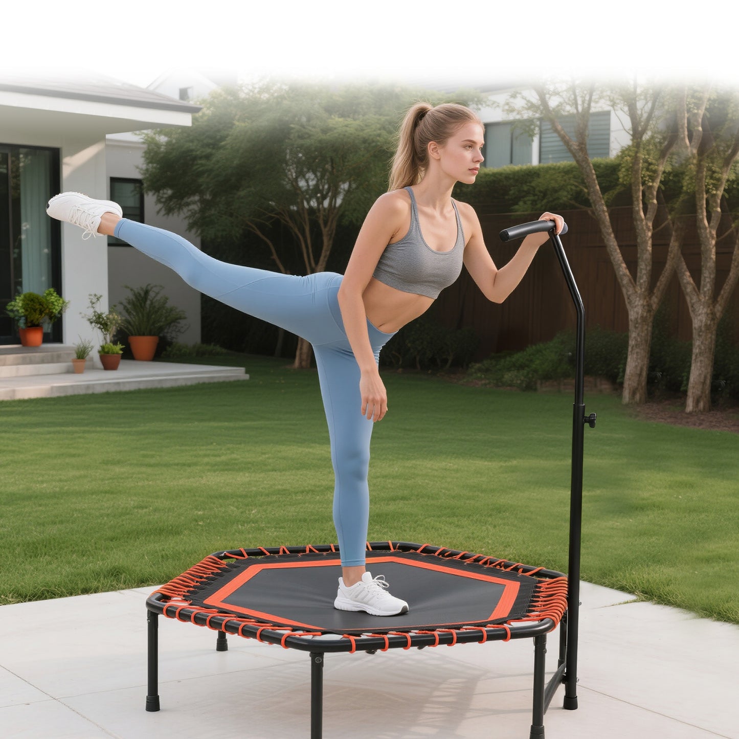 48" Mini Rebounder for Adults with Adjustable Handle Bar, Bungee Ropes, Stable & Quiet, Indoor Outdoor, Whole-Body Workout & Relaxation,Fitness Trampoline for Home and Gym, Cardio & Strength Training image 11