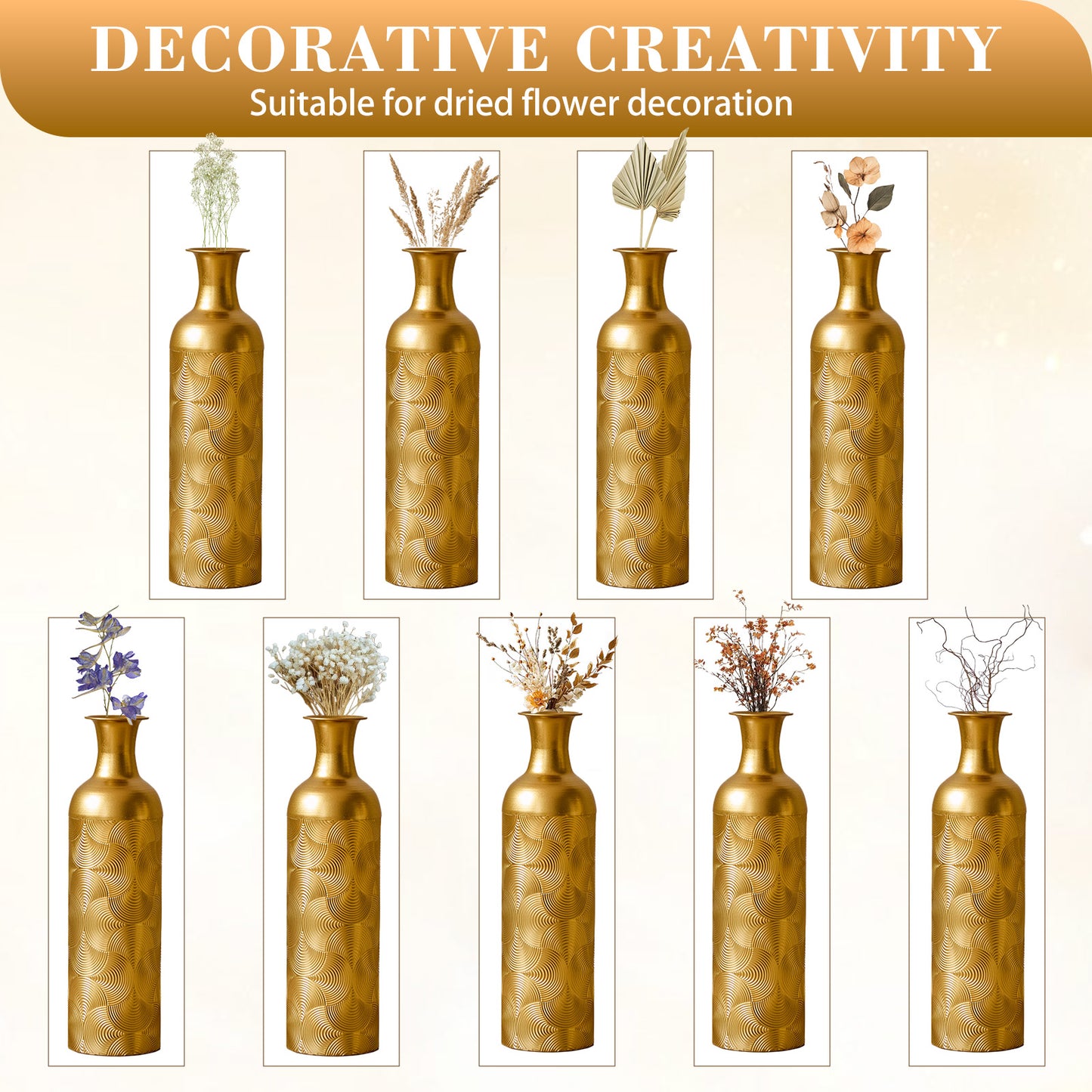 3 Pack Gold Metal Vase Set, Tall Embossed Nested Vases, Semi-Handcrafted Decorative Centerpieces for Home, Living Room, Floor, Fireplace, Not Waterproof image 7