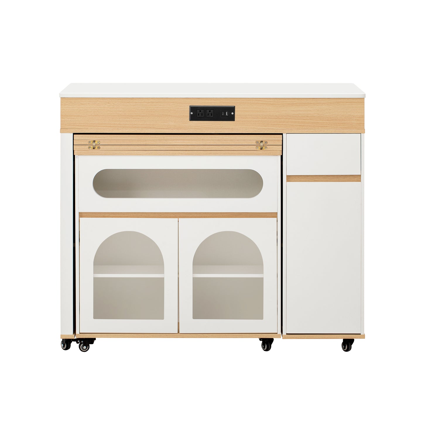 TREXM Extendable Dining Table with Extra-Long Folding Top, Rolling Kitchen Island with Drawers, Power Outlet and Brake lock, Storage Cabinet for Kitchen and Dining Room (Natural + Creamy White) image 12