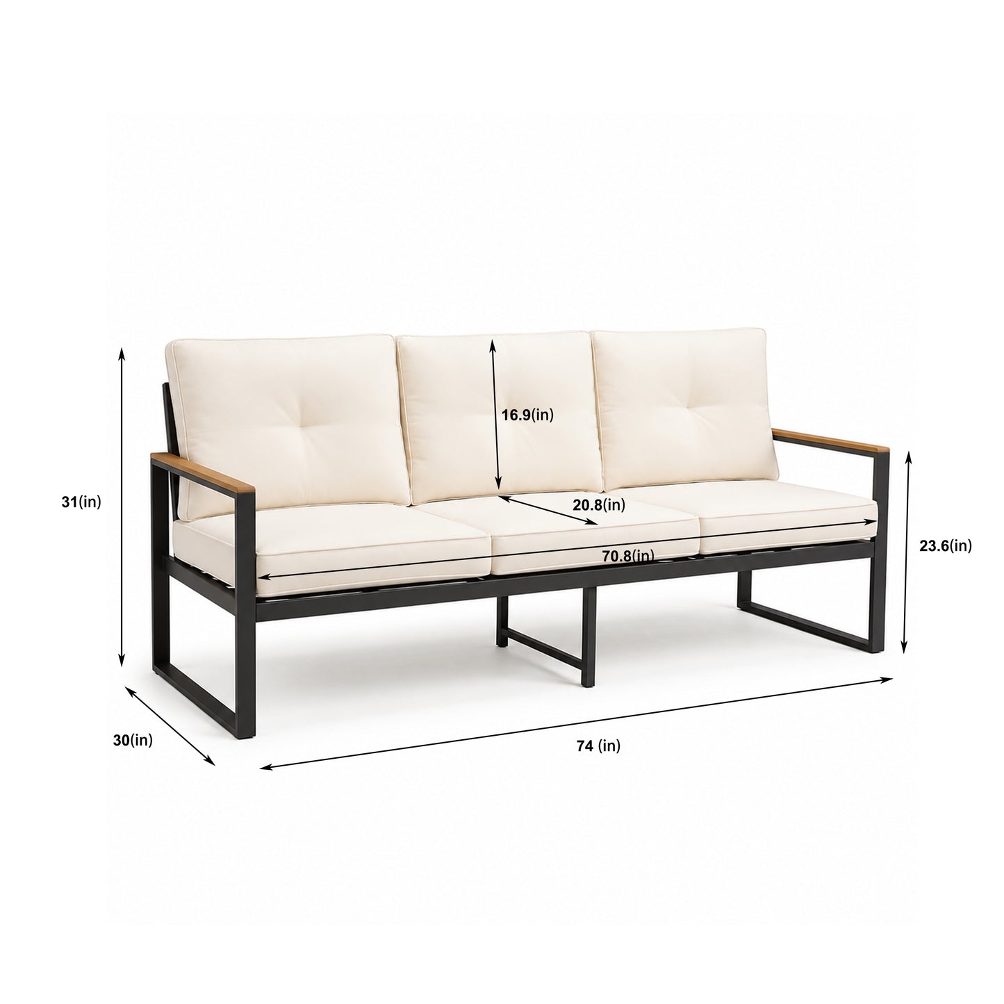 Steel Outdoor Patio Sofa, Steel Metal 3-Seat Couch with Thick Cushions, Patio Conversation Sofa Couch for Deck Garden Poolside, Beige image 9