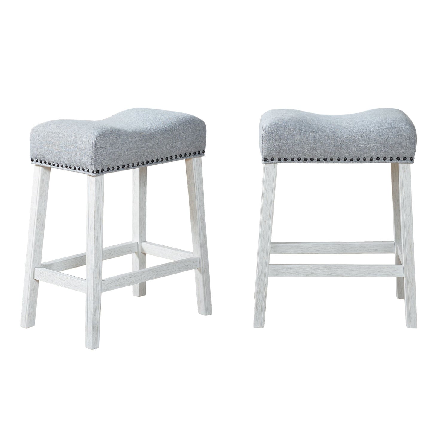 CoCo Upholstered Counter Height Stools - Saddle Seat, White-Washed Finish, Gray Fabric, Set of 2 image 10