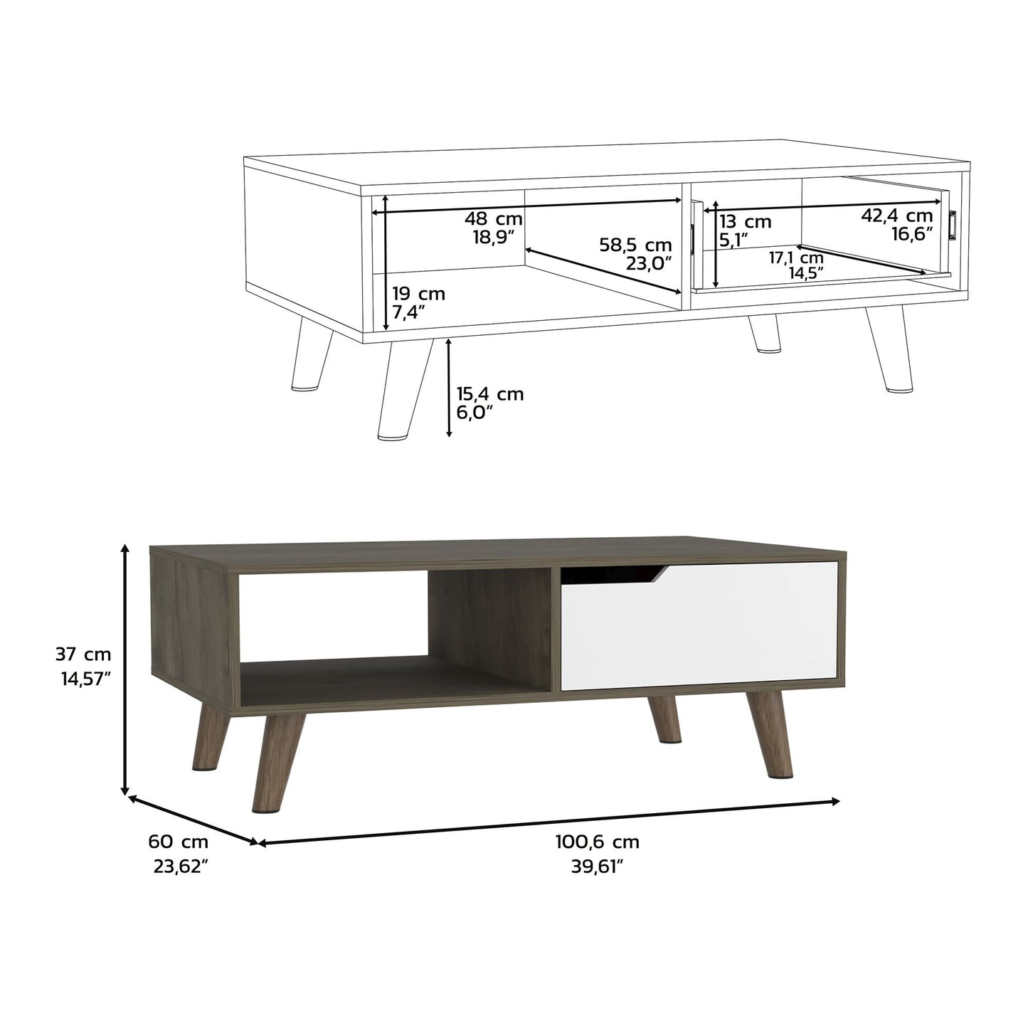 Coffee Table, One Open Shelf, One Drawer, Dark Brown/White image 7