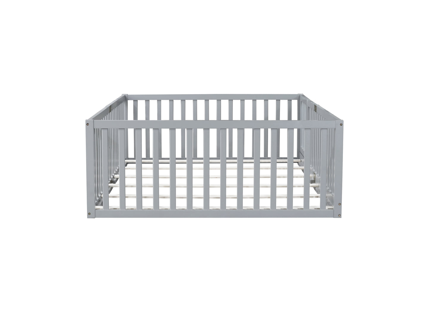 Full Size Floor Bed with High Fence Railings, with Door,6 Slats Included, Rubber Wood Floor Bed with Safety Guardrails,Grey image 12
