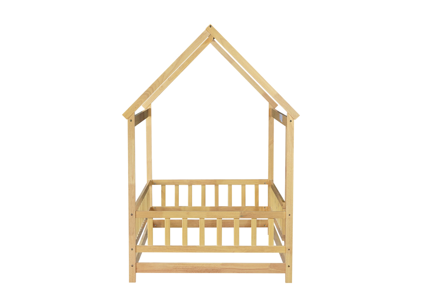 Twin Size House Floor Wooden Bed with Roof Frame,Safety Guardrails,Natural (Old Sku W504P286404) image 12
