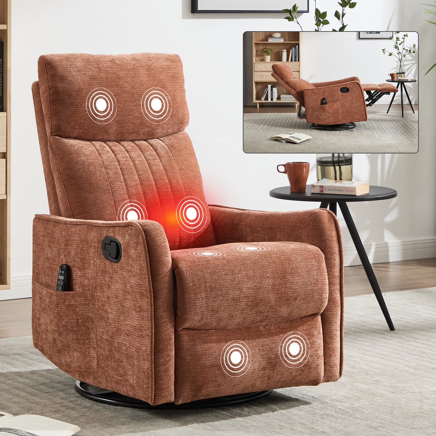 Orange Heat Massage Manual Recliner Chair with Rocker and Swivel in Fabric for Living Room image 12
