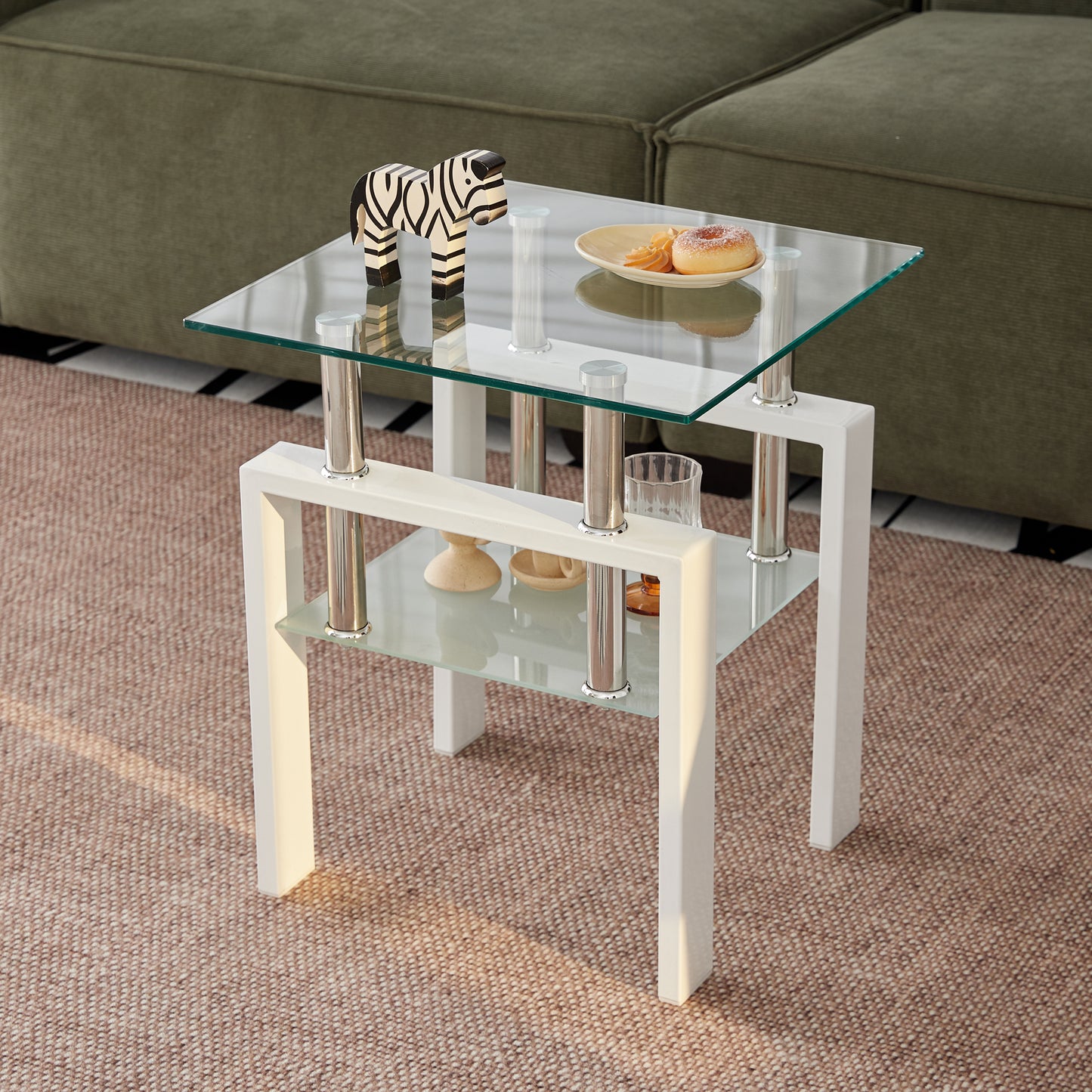 2 pieces White Tempered Clear Glass End Table, 2-Layers Small Table with Storage, Living Room Side Table image 6
