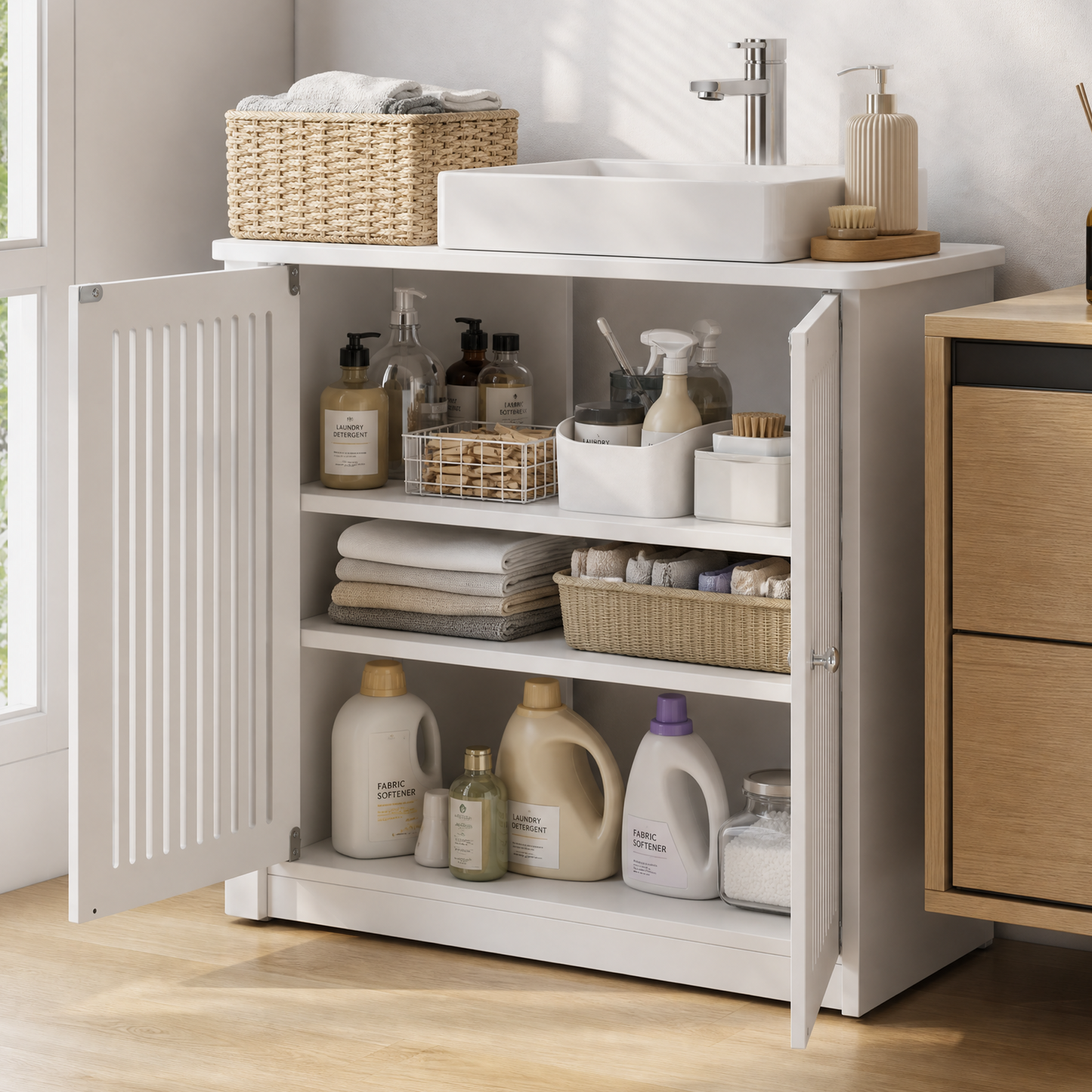 Washbasin cabinet without basin, louvered double-door floor-standing bathroom vanity and storage unit, white bathroom floor-standing storage cabinet. image 12
