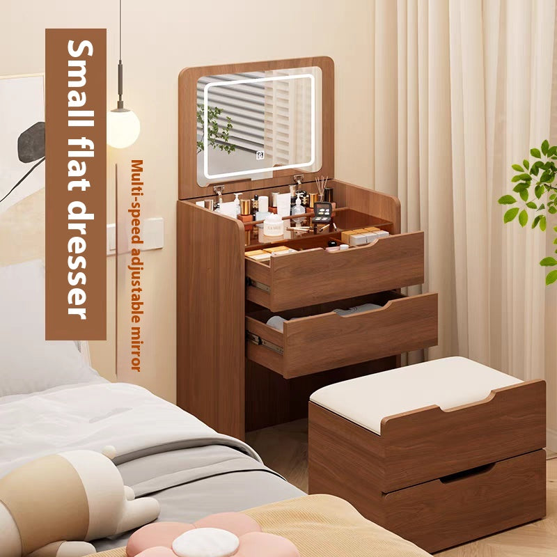 (60cm) 3 in 1 Vanity Desk with Plip Top Mirror, Small Make Up Vanity Set with Visible Glass Desktop, Compact Makeup Vanity with 3 Drawers, Dressing Table for Bedroom (Walnut Color) image 12