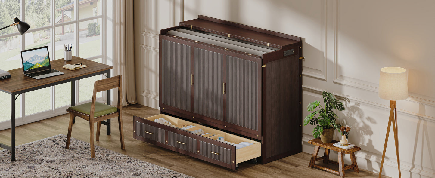 Multifunctional Murphy Bed Cabinet with USB Charging Station, Queen Size Vertical Foldaway Bed with Drawers, Space Saving Hidden Wall Bed with Safety Lock & Anti-Tip Device, Coffee. image 12