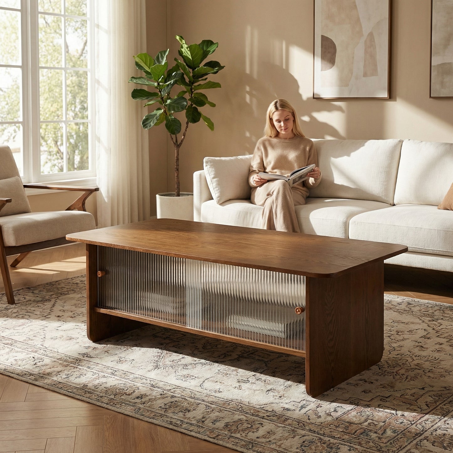 47" Coffee Table With Storage, Rectangular Mid-Century Retro Center Table, Fluted Glass Sliding Doors For Living Room Bedroom Guest Room, Walnut. image 12