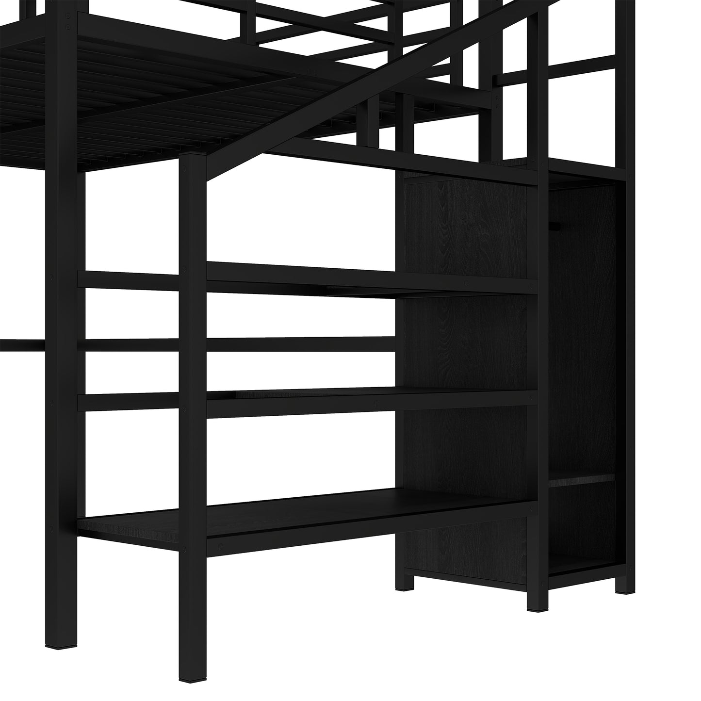 Queen Size Loft Bed with L-shaped Desk and USB, Metal Loft Bed with Wardrobe and Adjustable Shelf, High Loft Bed with LED for Kids Teens Adults, Black image 12