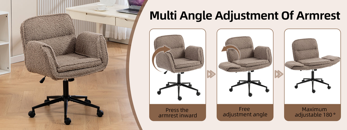 Criss Cross Chair with 5-Gear Adjustable Armrests & Wheels, Ergonomic Thickened Backrest Swivel Desk Chair for Home Office, Vanity, Bedroom and Living Room,brown Teddy fleece image 12