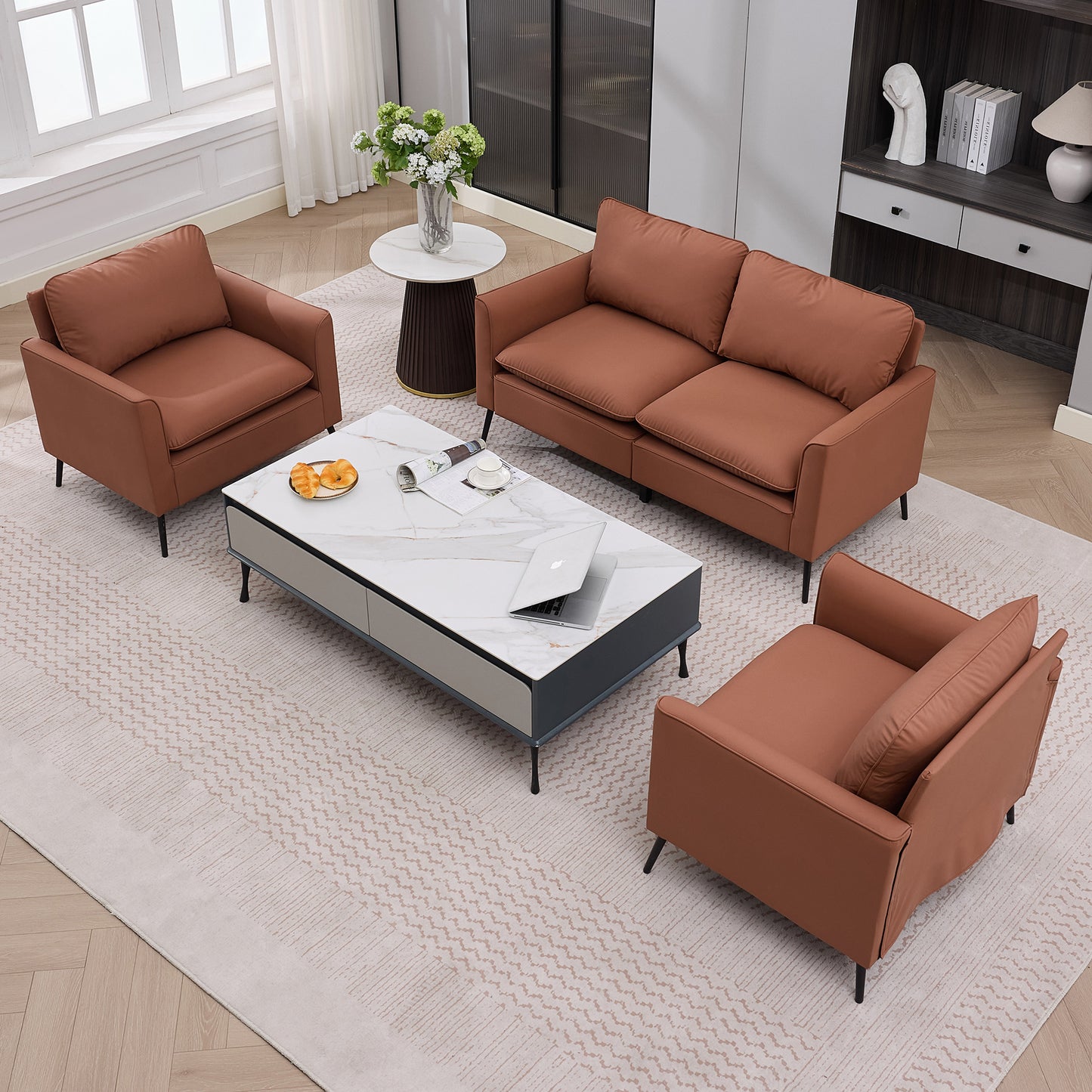 TS Cat paw leather upholstered sofa loveseat,Nordic retro light luxury living room balcony bedroom single casual sofa chair Double sofa + two pack combination(Brown) image 12