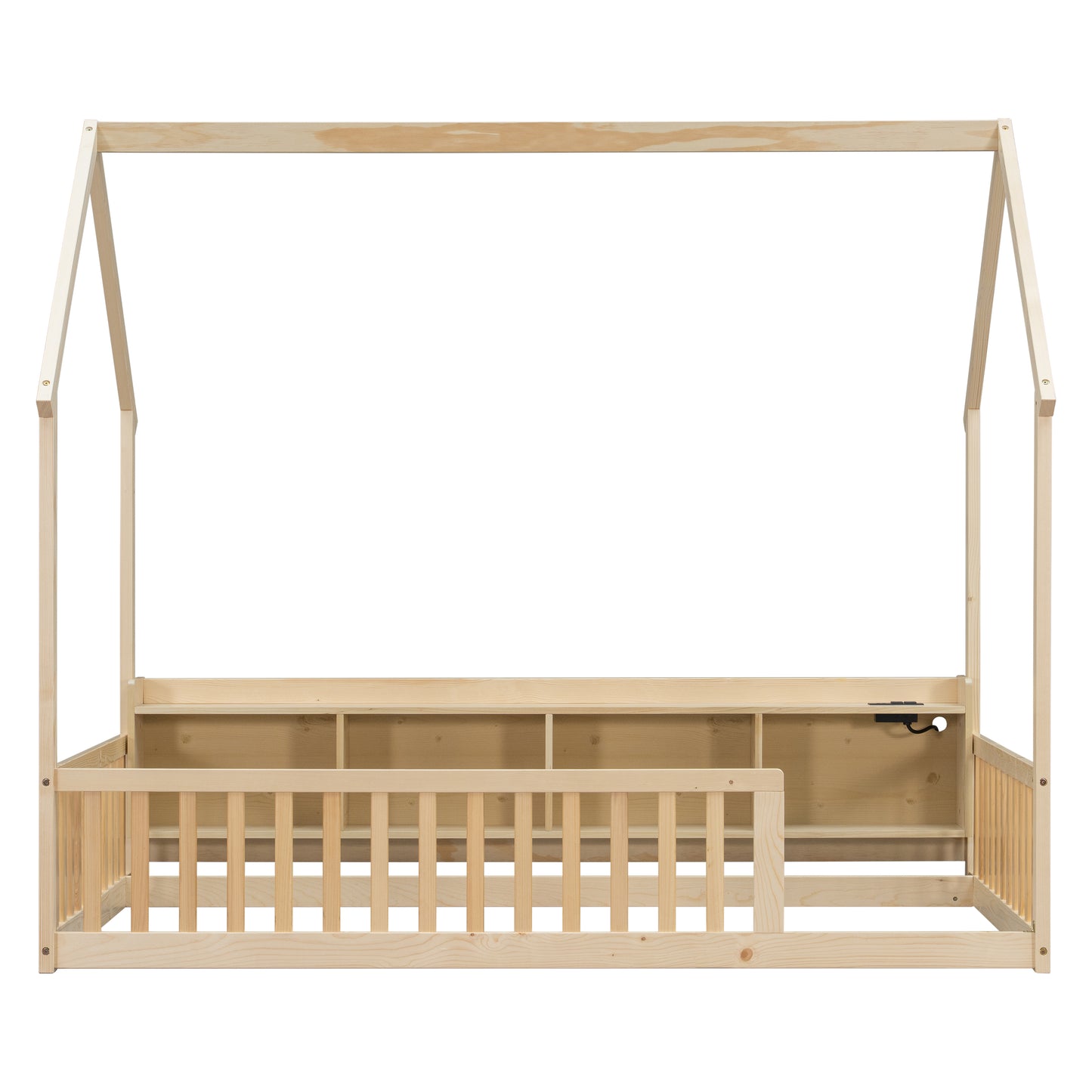 Twin House Floor Bed with Storage Shelves,Built-in LED Lights & Charging Station,Pine Wood Floor Bed with Safety Guardrails,Natural image 12