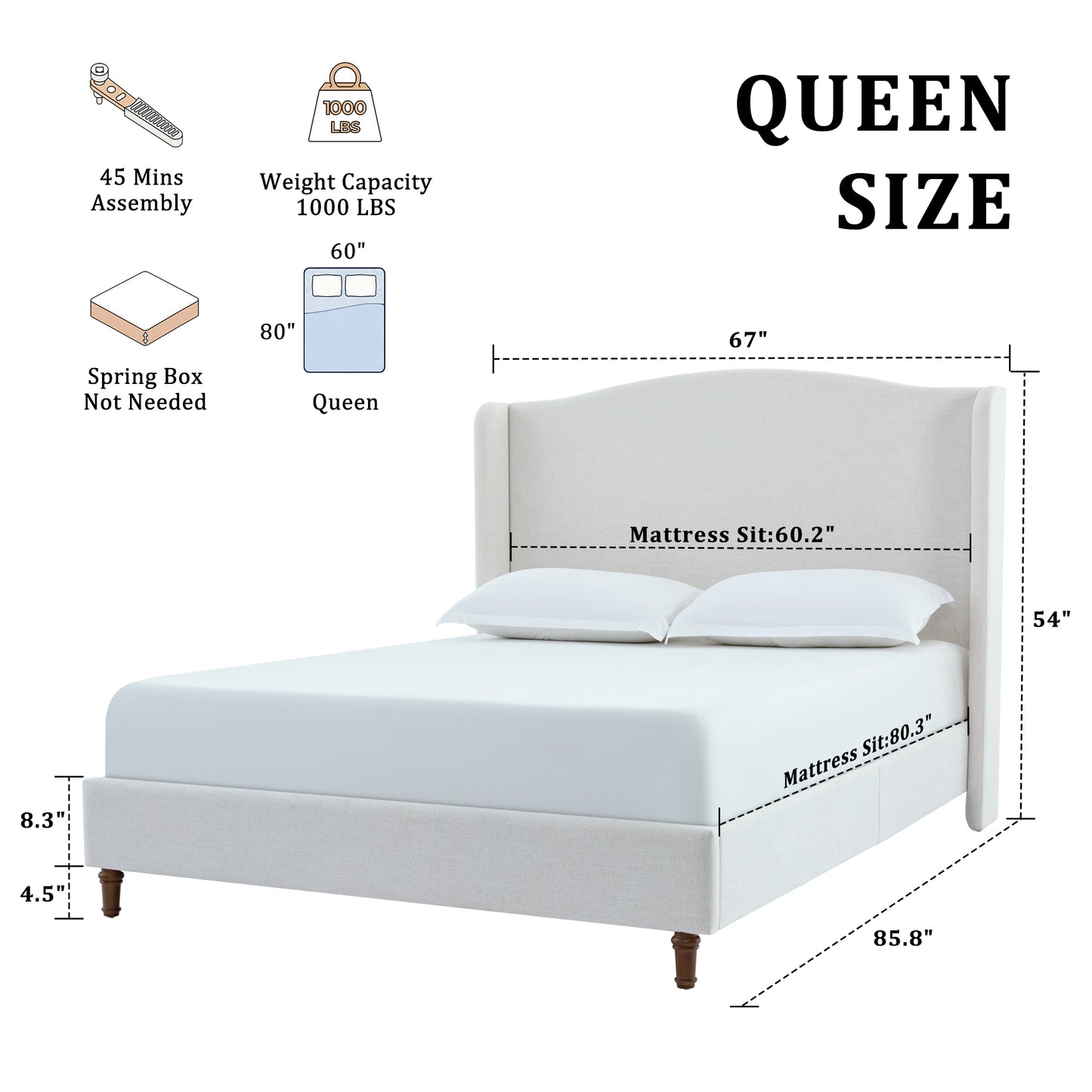 Hannah Upholstered Wingback Bed Size Queen / Tall 54" Headboard Upholstered Queen Bed / Premium Textured Canvas Chenille Look Ivory / Minimalist Designs / No Box Spring Needed / Easy Assembly / Queen image 12