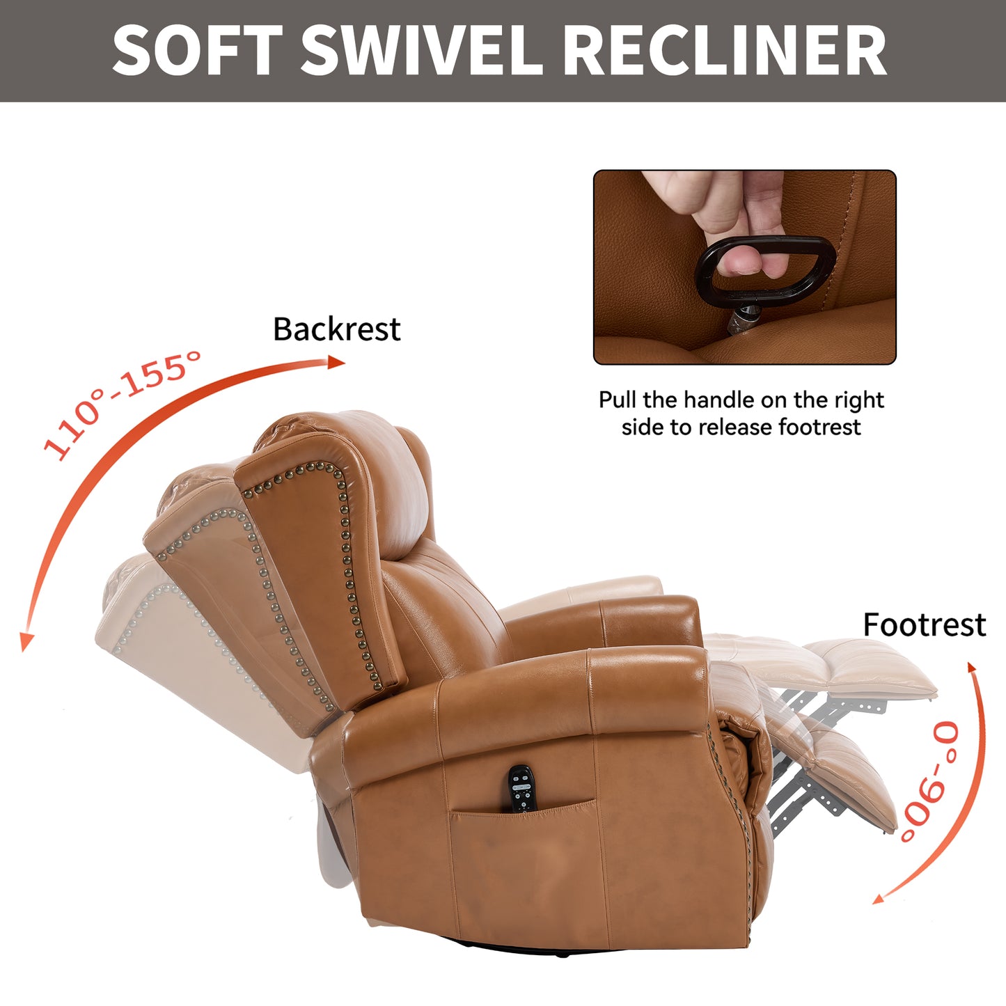Heat Massage Manual Recliner Chair with Rocker and Swivel in Genuine leather for Living Room, Yellow image 12