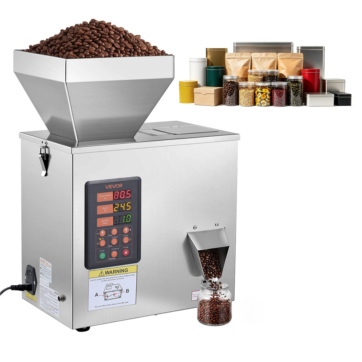 VEVOR countertop powder filling machine with hopper and digital controls, shown dispensing beans