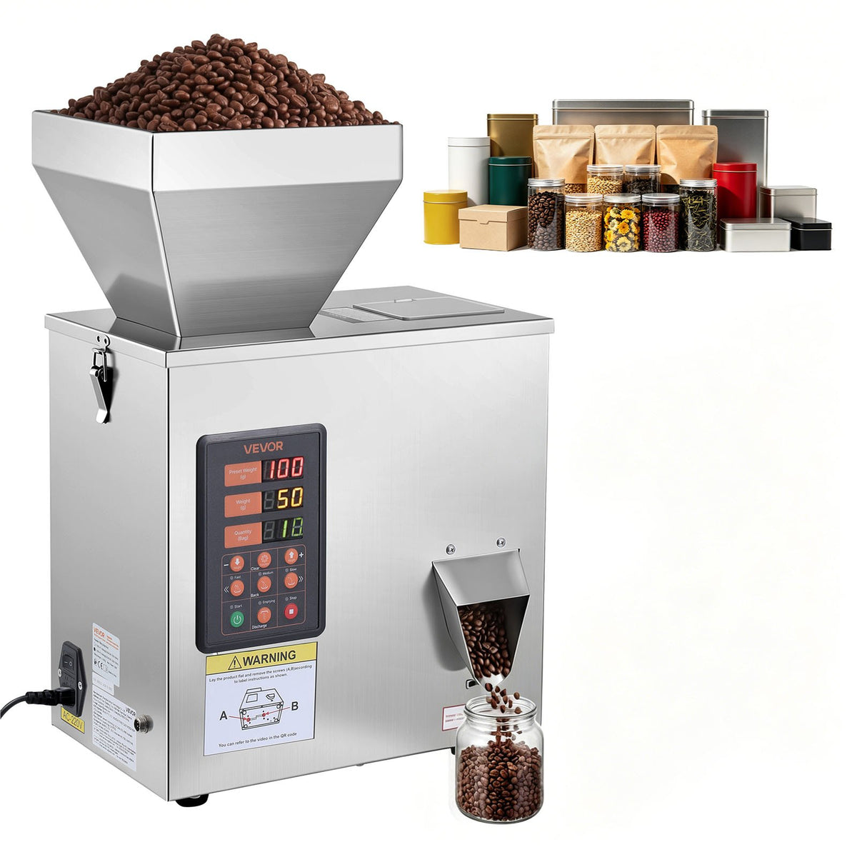 VEVOR countertop powder filling machine with hopper and digital controls, shown dispensing beans