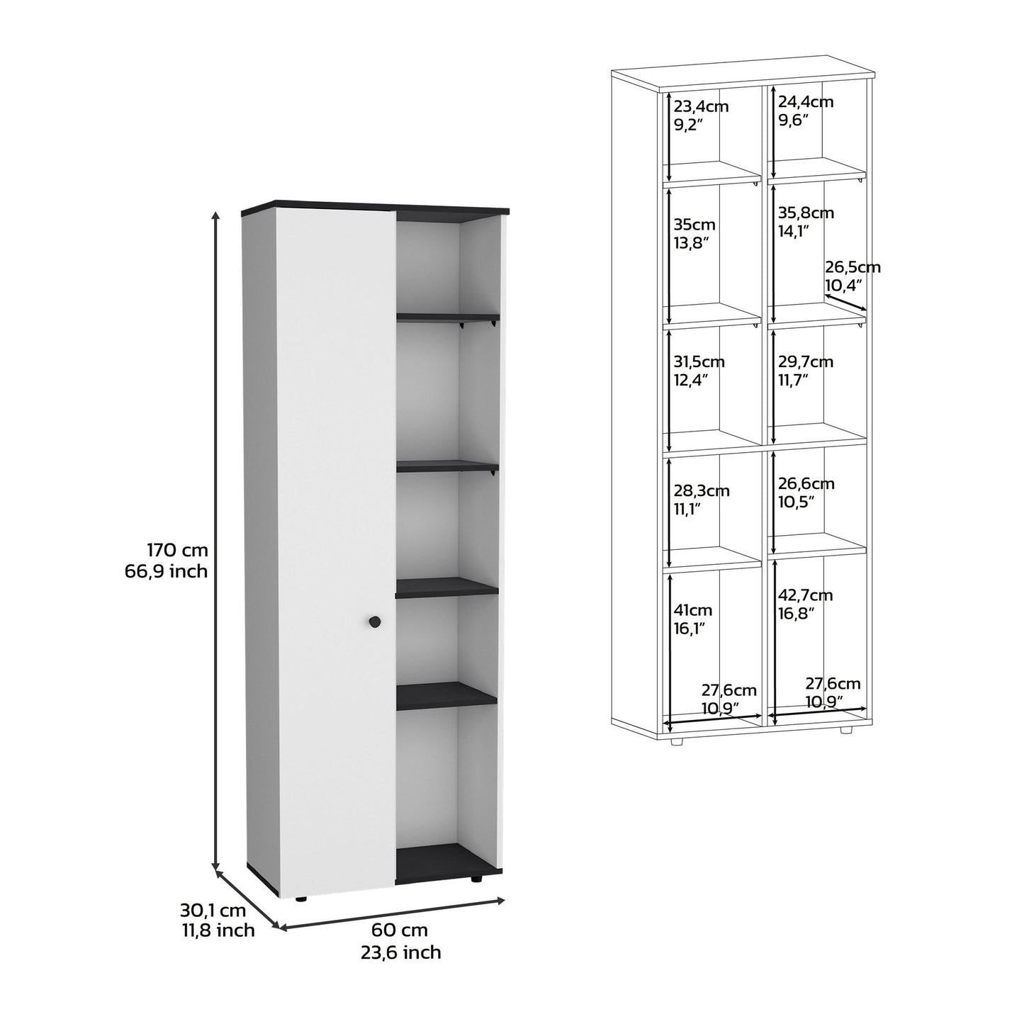 DEPOT E-SHOP Cary 67" H Kitchen Storage Cabinet With One Door, Five Interior Shelves and Five Exterior Shelves,White/Bla image 7
