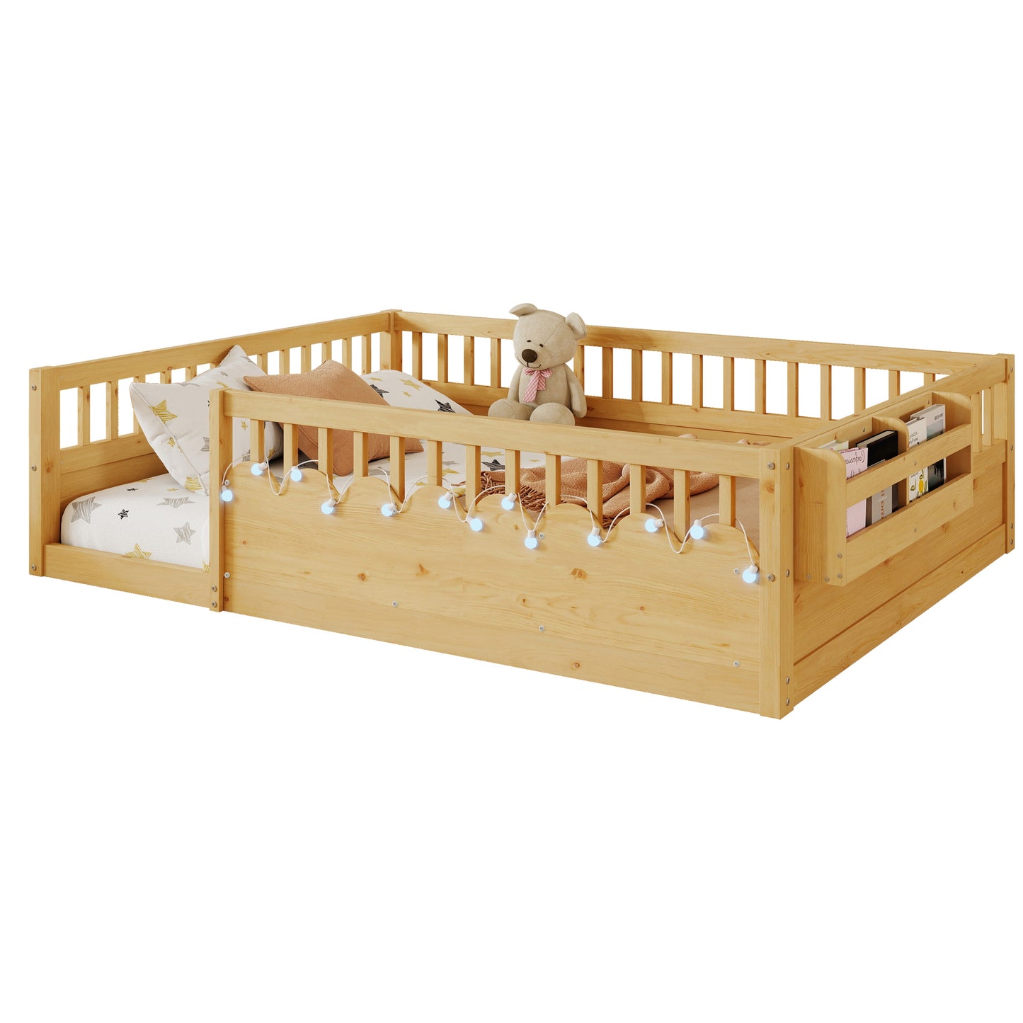Full Montessori Floor Bed Frame with High Rails, Wood Kids Floor Beds with Light and Storage Shelf, Natural (Expect Arrival Date 2025/8/15) image 12