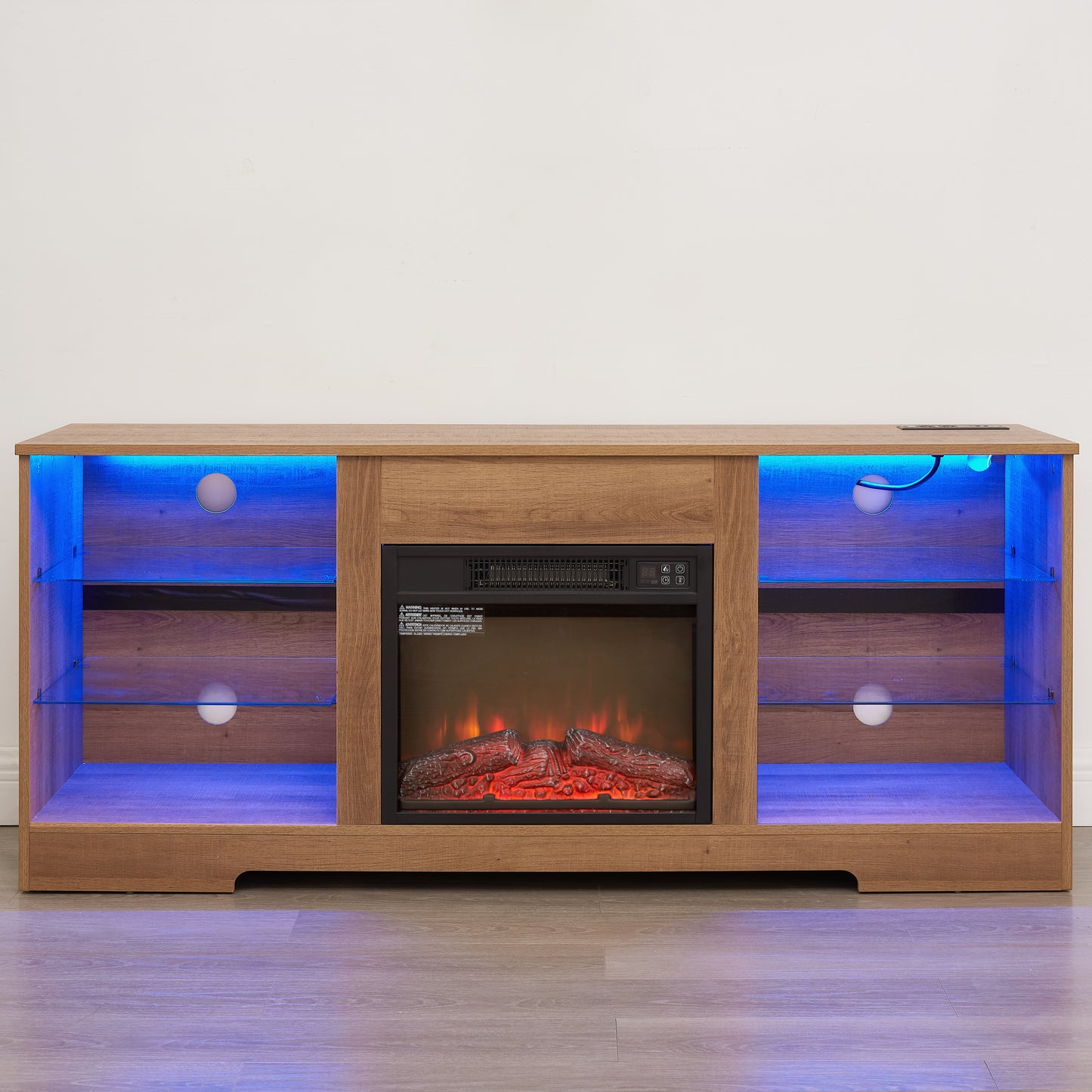 TV Stand Electric Fireplace TV Stand with Glass Shelves, 3D Fireplace TV Stand with LED Lights Wood with USB Charging Outlet Modern Television Table Center for TV up to 32-62" OAK 58'W*15.4''D*24.6 image 12