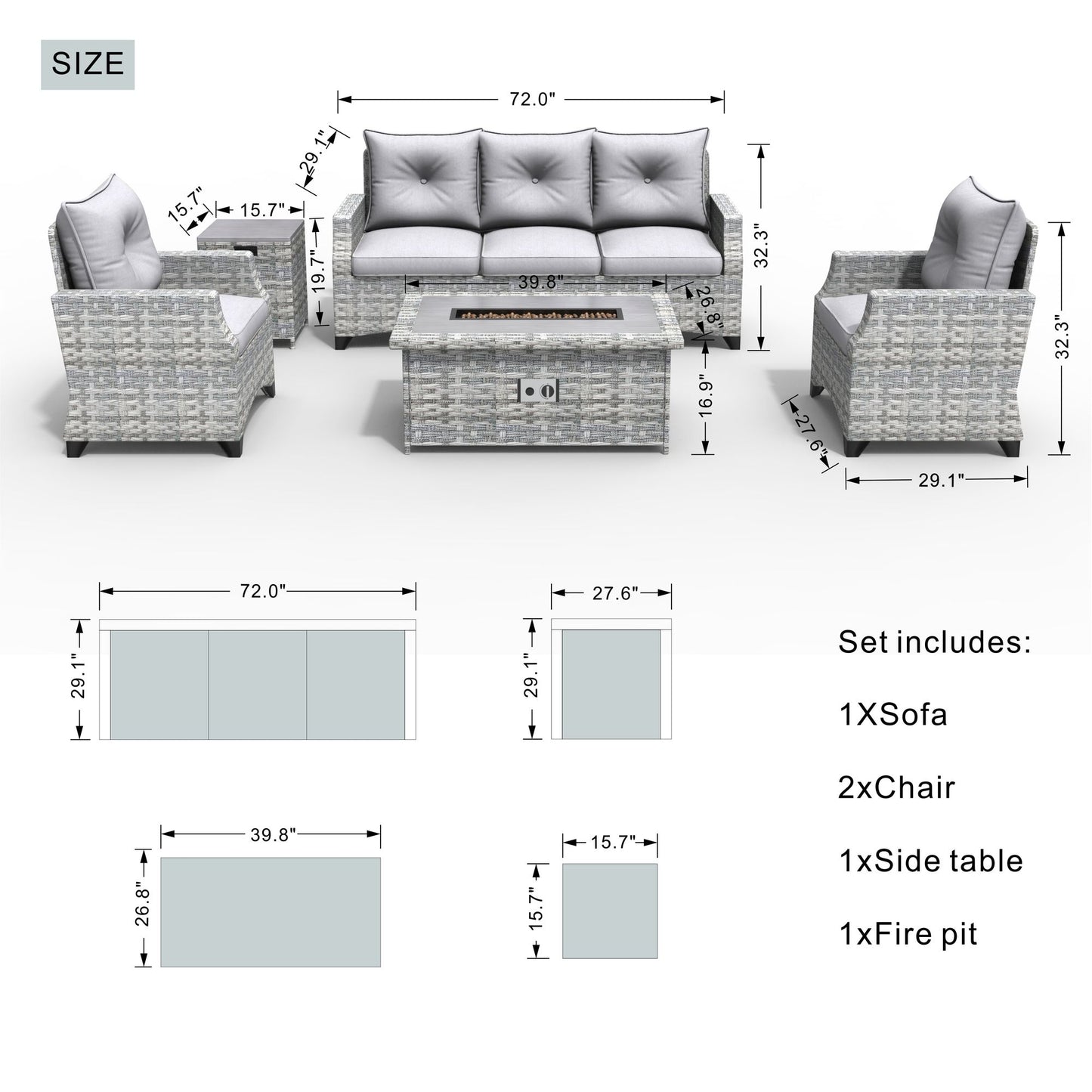 Direct Wicker 5-Piece Wicker Patio Fire Pit Sectional Seating Set with Gray Cushions image 19