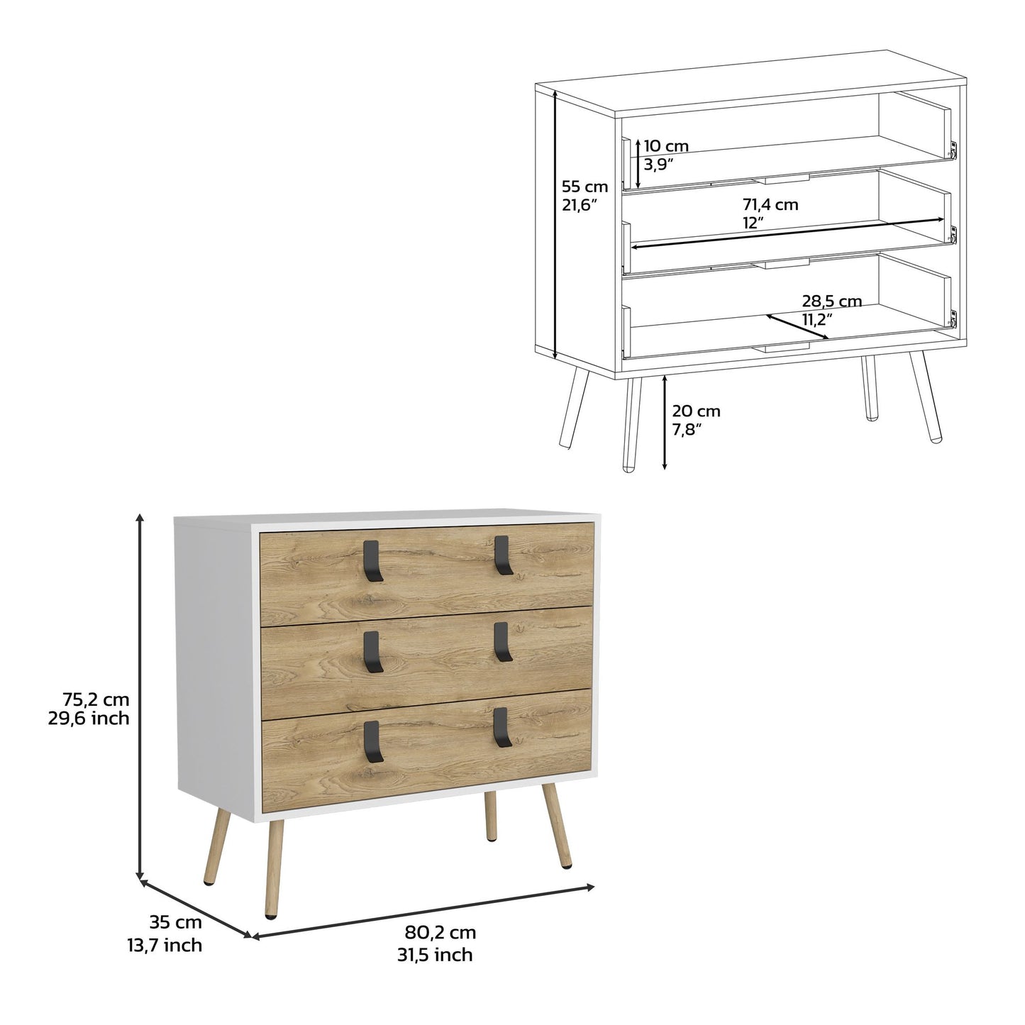 Dresser 29"H, 3 Drawers Dresser with Handles and Wooden Legs, White / Macadamia image 7