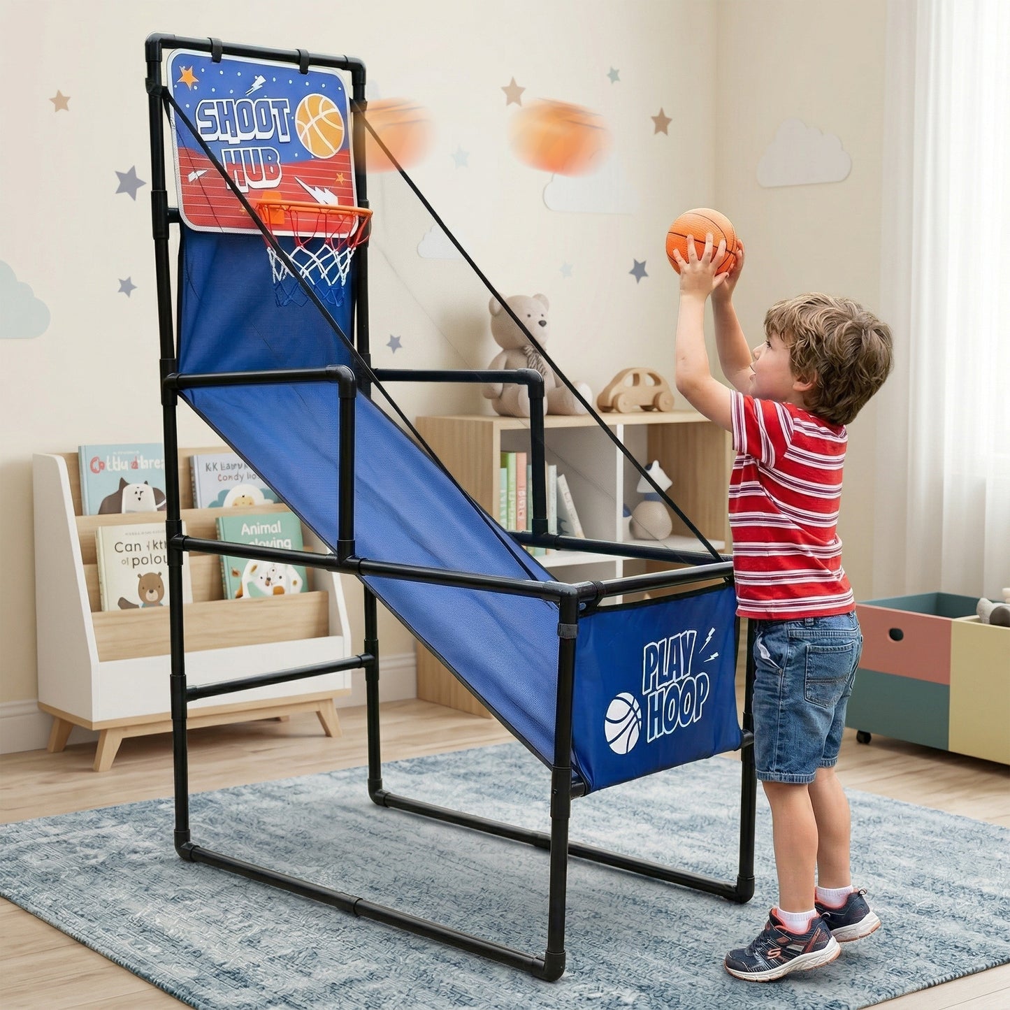 Kids Single Shot Basketball Arcade Game, Indoor Basketball Hoop with 2 Balls & Pump, Foldable Stand for Toddlers & Children image 12