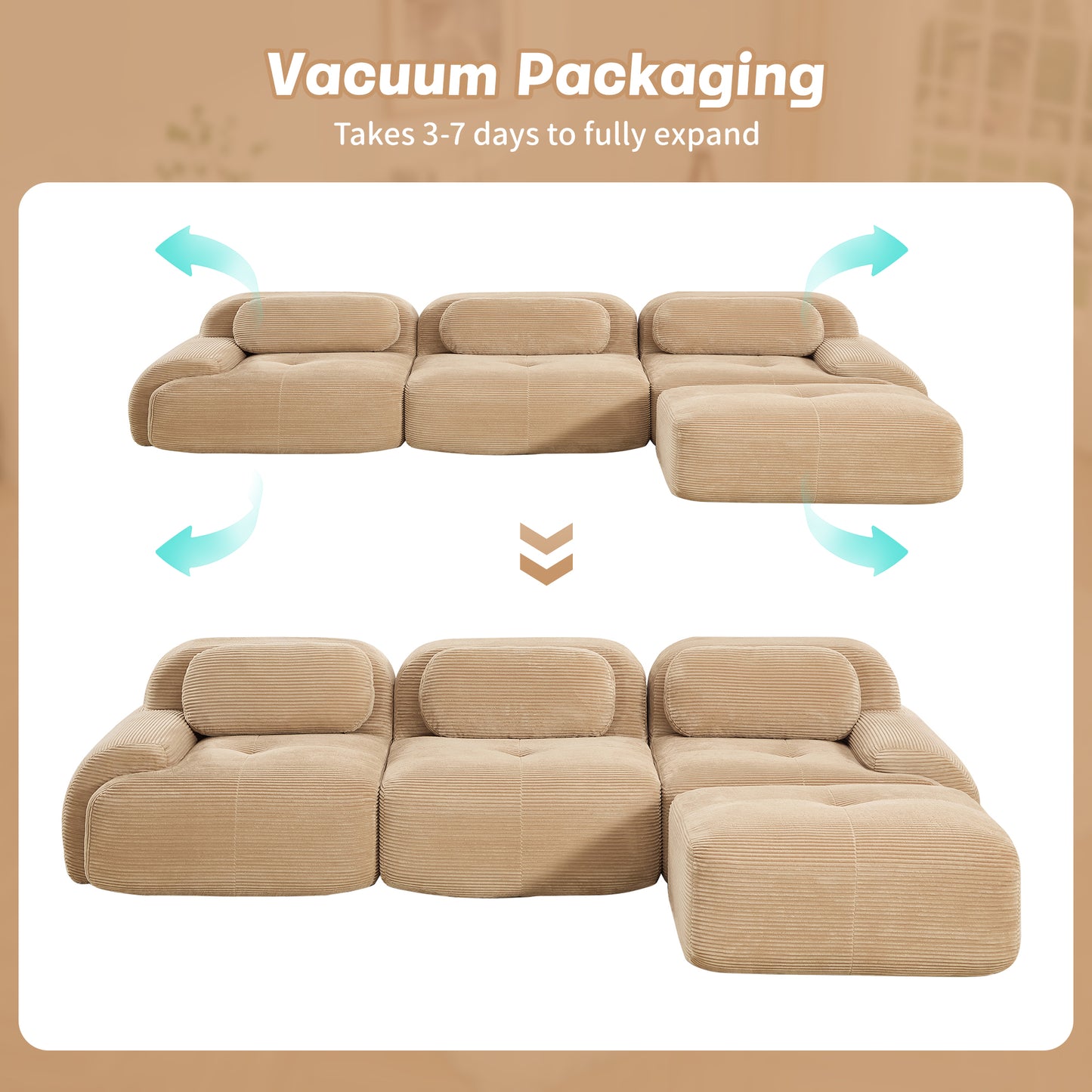 L-shaped modular sofa no assembly ergonomic design pet-friendly luxuryCorduroy Fabric fabric extra-wide curved armrests 32D high-resilience sponge for living rooms bedroom,Camel image 12