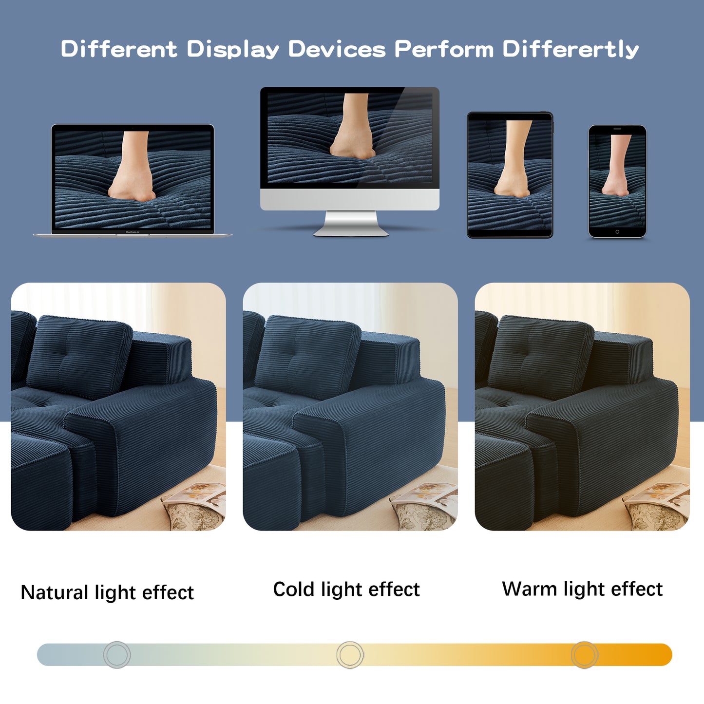 82" Modern L-Shaped Modular Sectional Sofa for Living Room, Corduroy Fabric, 2-Seater Couch with Deep Seat and Movable Ottoman, Pearl-like piping, Tufted Design, No Assembly, Anti-slip Design, Blue image 12