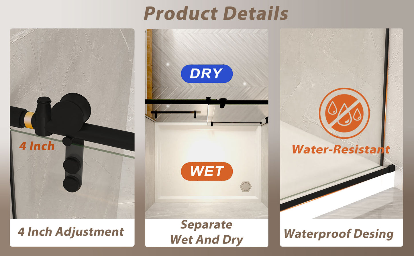 44-48" x 76" H Frameless Sliding Shower Door, 5/16" (8mm) Clear Tempered Glass, Stainless Steel Frame,Matte Black image 12