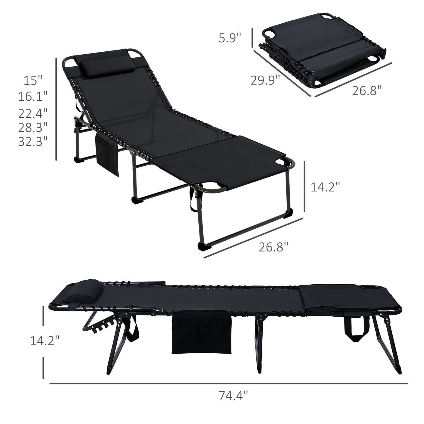 Outsunny Folding Chaise Lounge with 5-level Reclining Back, Outdoor Tanning Chair with Reading Face Hole, Outdoor Lounge Chair with Side Pocket & Headrest for Beach, Yard, Patio, Black image 3