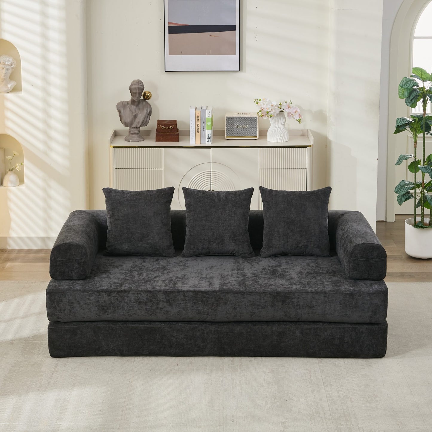 Comfy Convertible Folding Mattress Couch, Floor Sofa Bed, Chenille Floor Sofa with Armrest, Floor Sofa Lounge Couch for Living Room Bedroom Lounge Studio-Black image 12