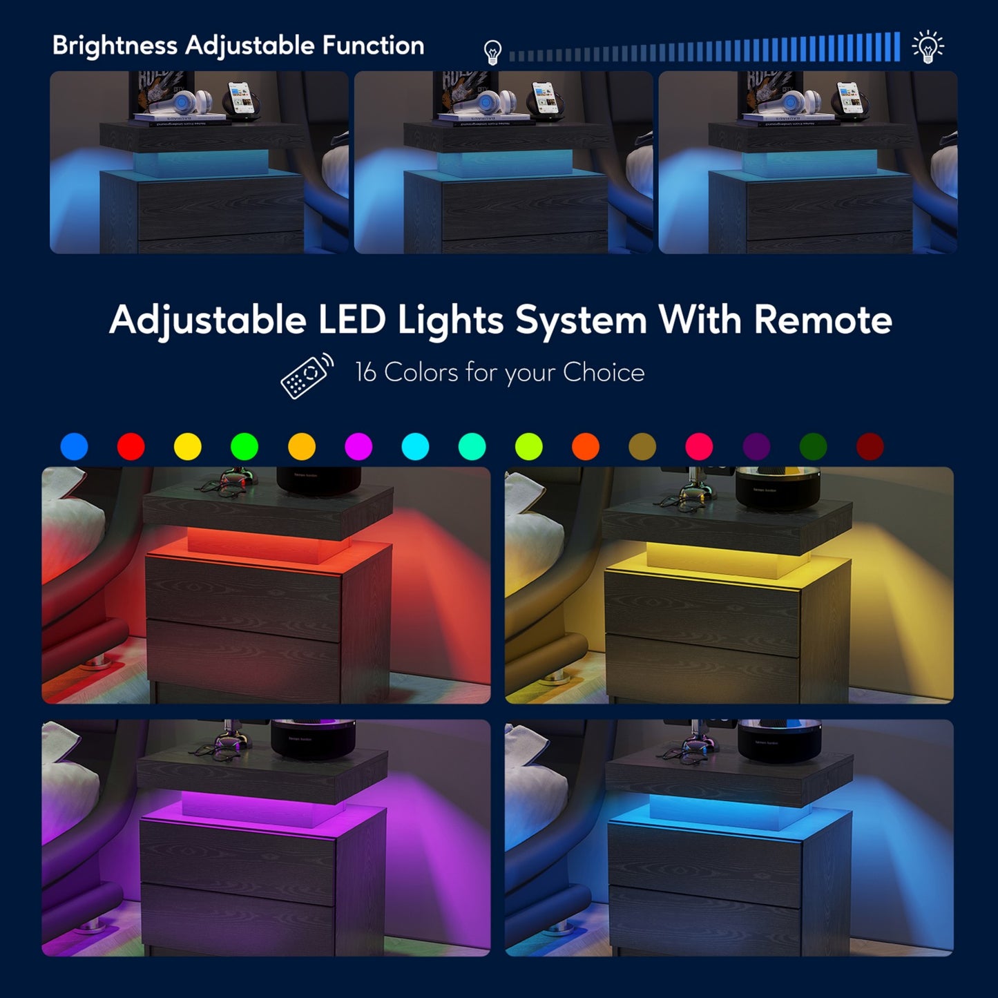 Nightstand LED Bedside Table Cabinet Lights Modern End Side with 2 Drawers for Bedroom (Black Woodgrain) image 8