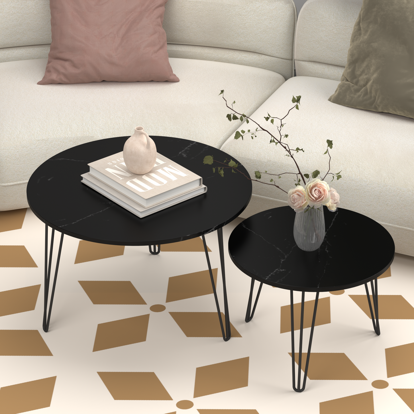27.56'' Round Nesting Coffee Table Set of 2, Circular Nesting End Table Set, Round Marble Tabletop, and Sturdy Metal Base for Living Room, bedroom, Black image 12