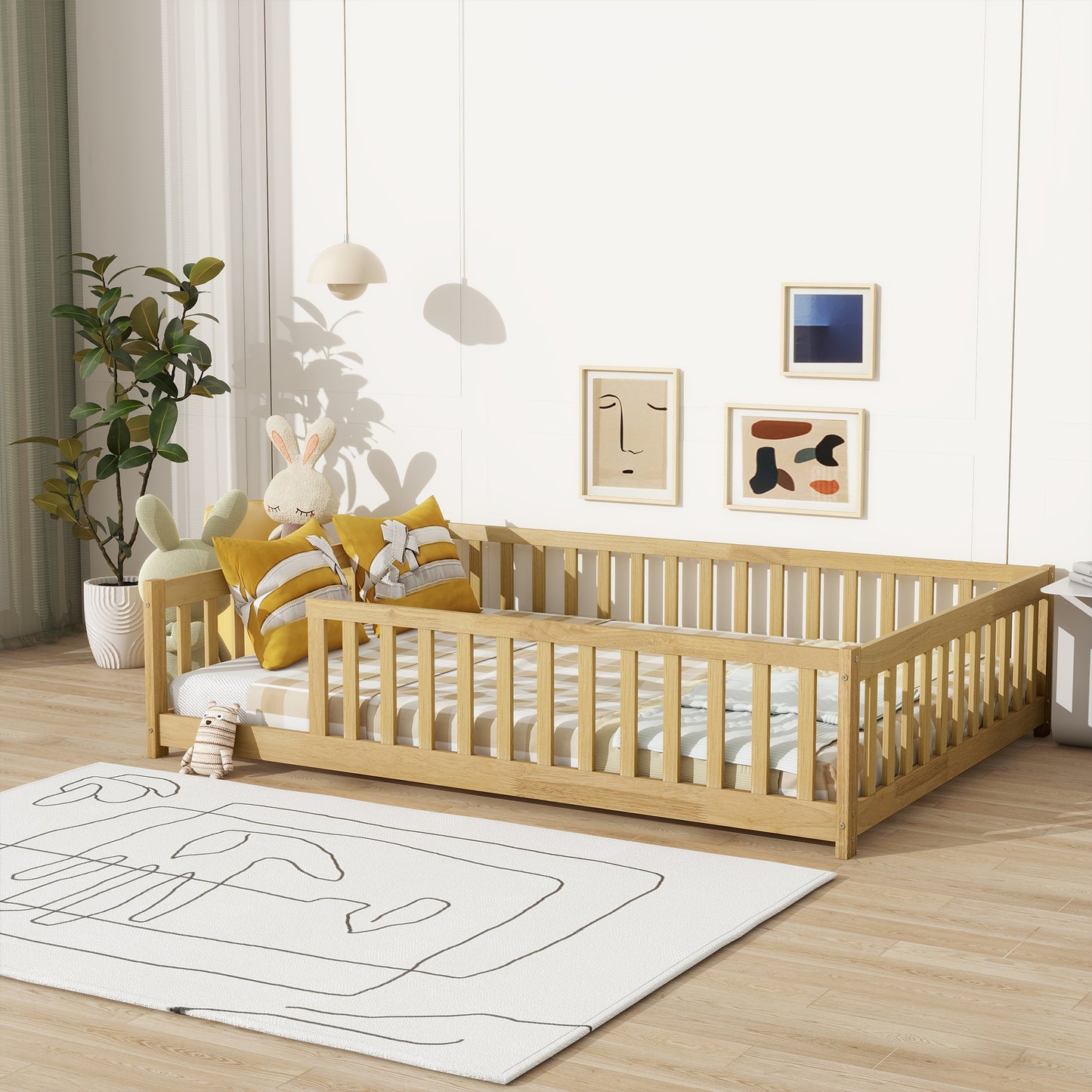 Full Size Floor Bed with Fence without Door,Rubber Wood Floor Bed with Safety Guardrails,Natural image 12
