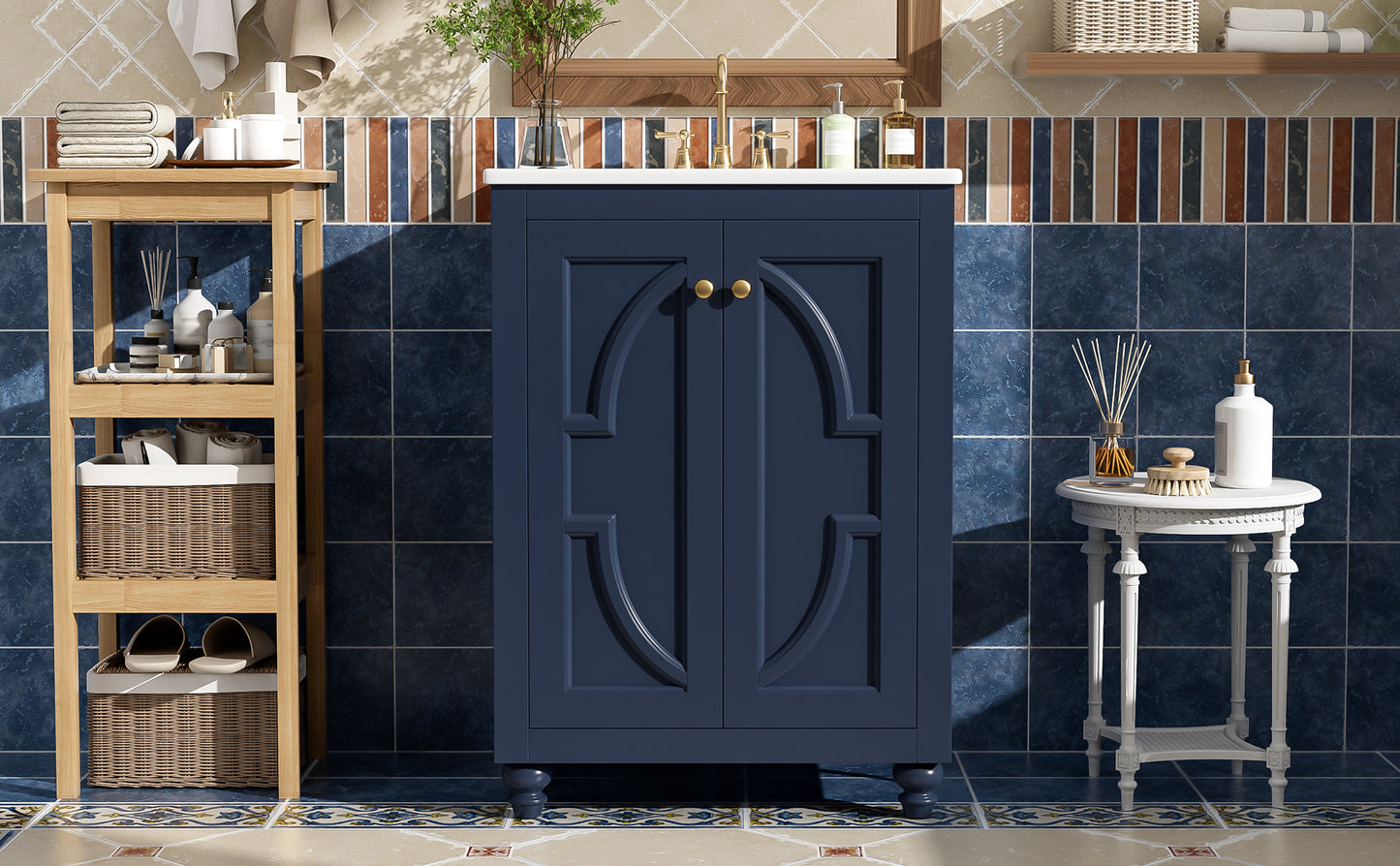 24" Modern Bathroom Vanity with Ornate Elliptical Motif Design & Soft-Close Hinges, Bathroom Cabinet with Back Open Structure, Ball-Turned Legs with French Elegance image 12