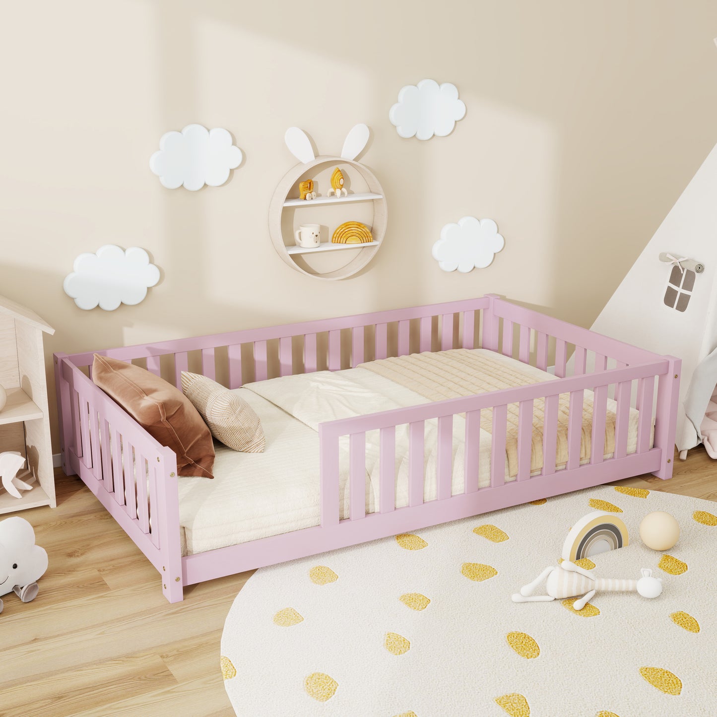 Twin Size Floor Bed with Fence without Door, Rubber Wood Floor Bed with Safety Guardrails,Pink (Old Sku W504P296798) image 12