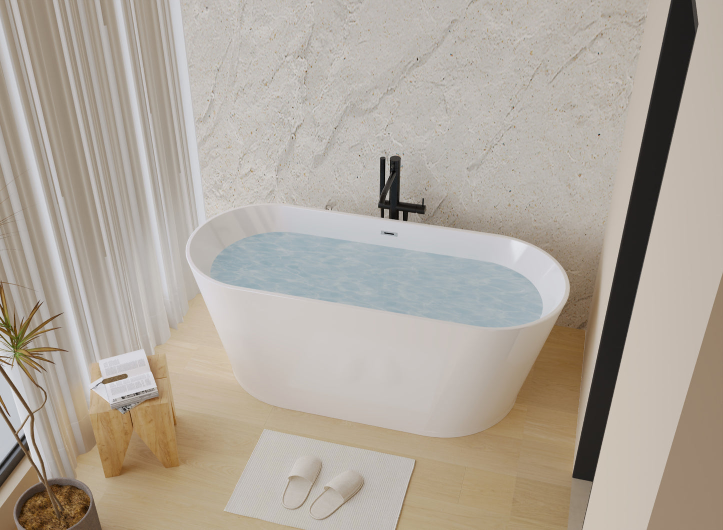 59" Acrylic Freestanding Bathtub, Stand Alone Soaking Tub, Glossy White Acrylic, Toe-tap Chrome Drain, cUPC Certified image 12