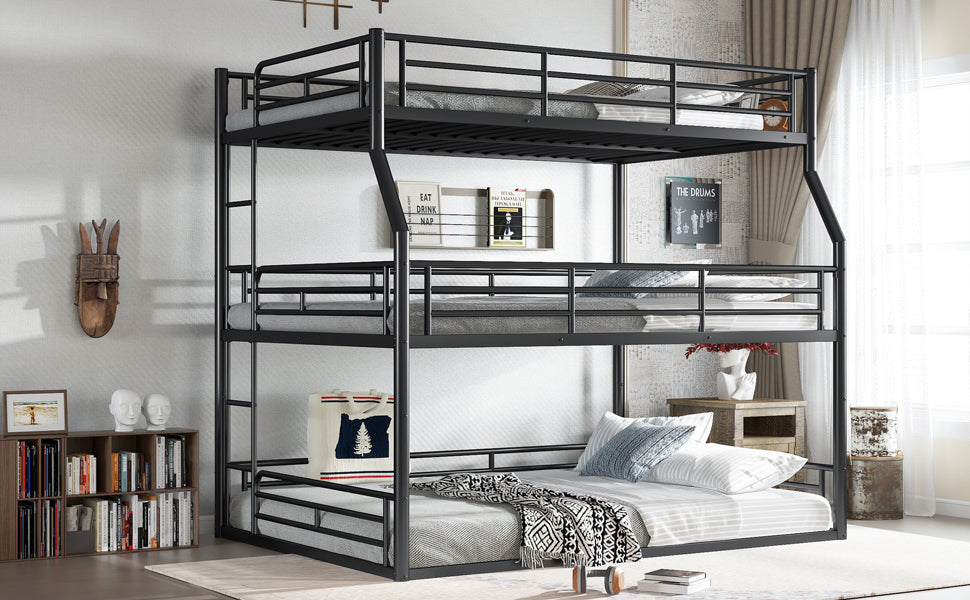 Full XL over Queen over Queen Bunk Bed, Metal Triple Bunk Bed with Safety Guardrails, Heavy-duty Bunk Bed with Noise-reduced Design, Black image 12